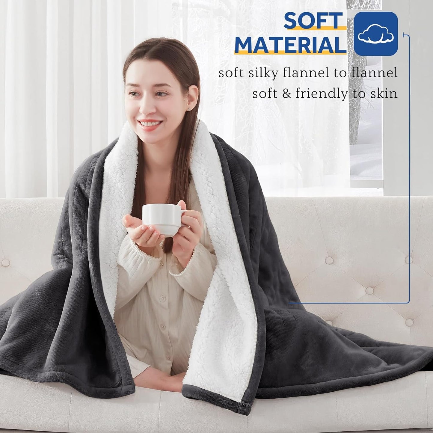 SEALY Electric Blanket Twin Size, Flannel & Sherpa Heated Blanket with 10 Heating Levels & 1-12 Hours Auto Off, Machine Washable, Grey, 62x 84 Inch