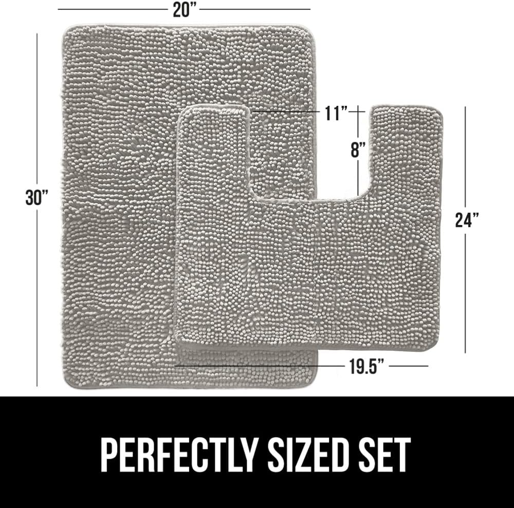 GORILLA GRIP Bathroom Rug Sets, Soft Chenille 2 Piece Area Rugs Set, Toilet Base Mat and 30x20 Carpet, Absorbent Microfiber Washable Mats Dry Quickly, Home Décor and Bath Room Accessories, Light Gray