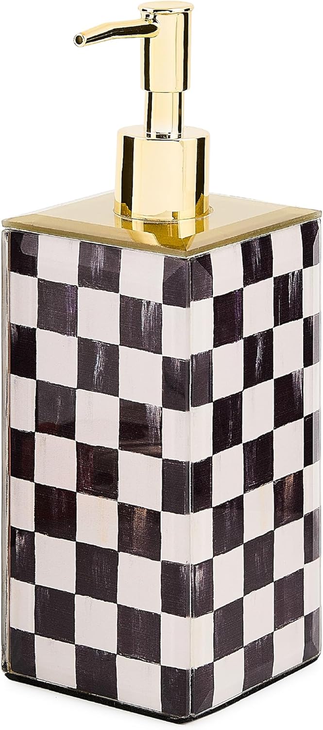 MACKENZIE-CHILDS Glass Soap Pump, Liquid Soap Dispenser, Black-and-White Courtly Check