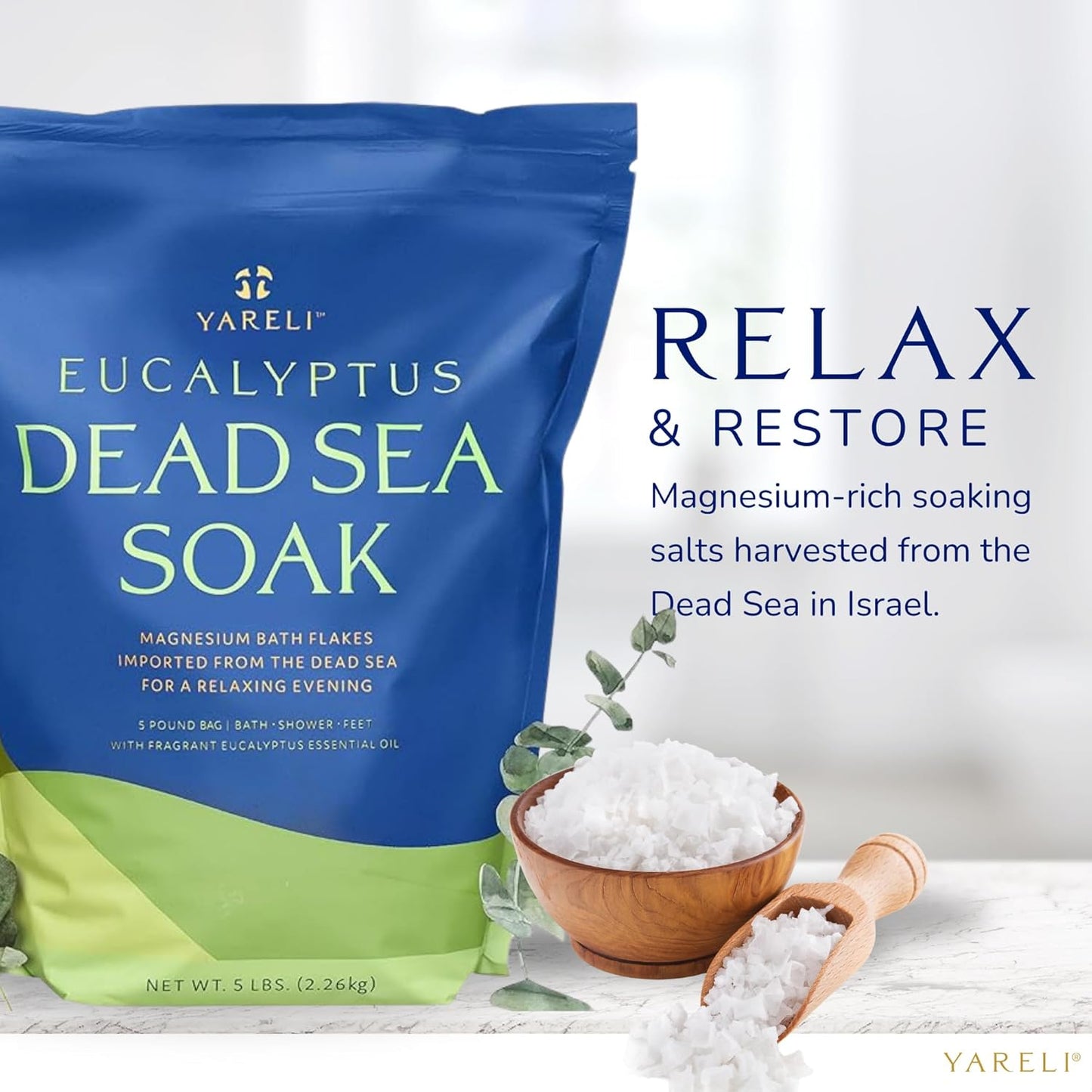 Yareli Magnesium Flakes, 5lb Eucalyptus, Dead Sea Bath and Foot Soak, Alternative to Epsom Salt with Over 250,000mg of Magnesium Chloride Per Bag