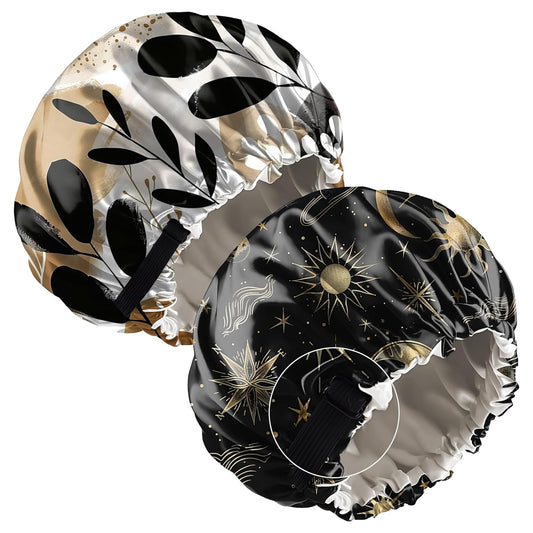 2 PCS Bonnets for Women Girls Satin Hair Bonnet Silk Adjustable Elastic Double Layer Hair Wrap Sleep Cap Comfort Cute-Sun Moon Leaf