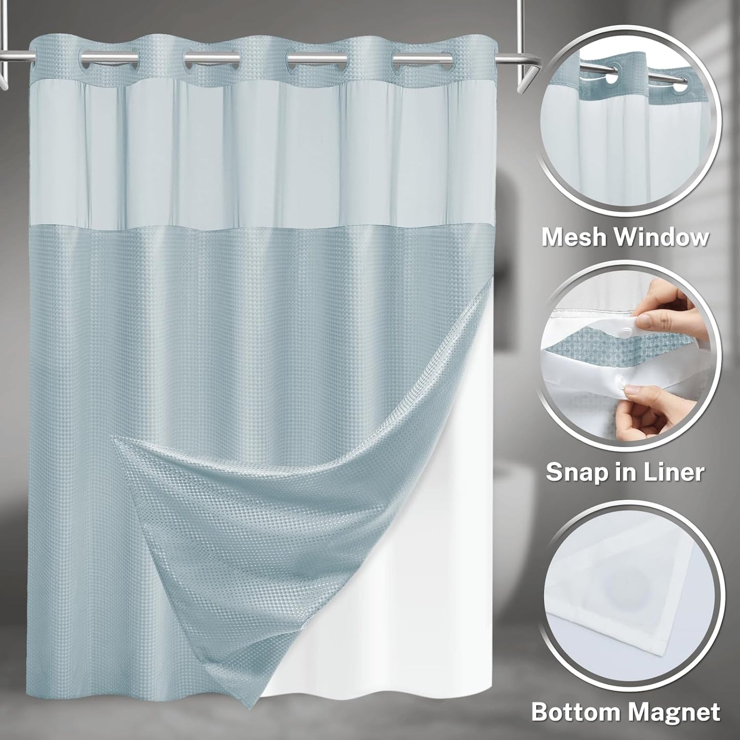 No Hook Shower Curtain with Snap in Liner Set Waffle Shower Curtain for Bathroom Hotel Style Fabric Waterproof Inner Liner，71" W x 74" H, Fog Blue