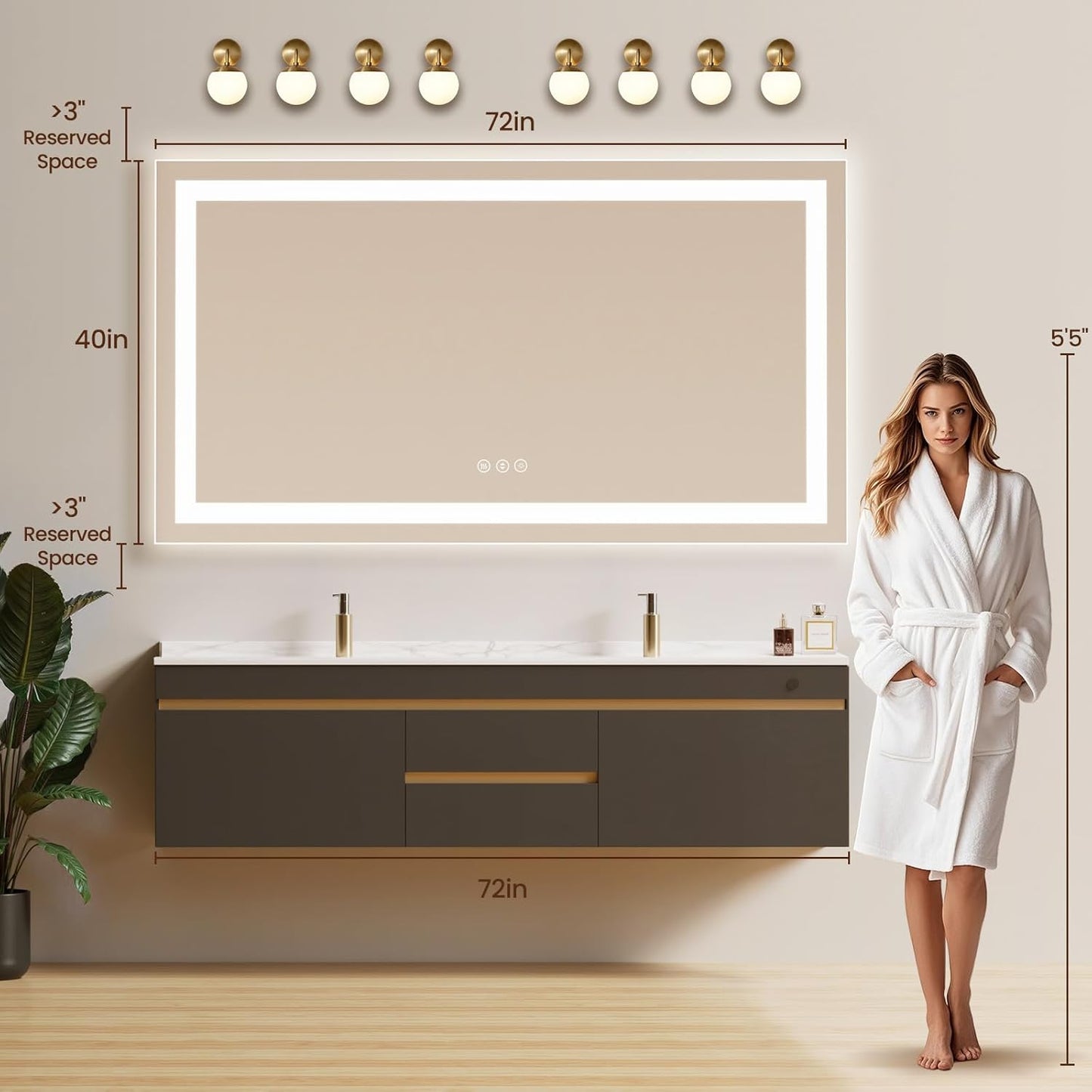 72X40 LED Bathroom Mirror with Lights, Anti-Fog, Backlit + Front Lit (CRI>90), Lighted Bathroom Vanity Mirror for Wall, Memory Function, Dimmable, Tempered Glass, Shatter-Proof, ETL Listed