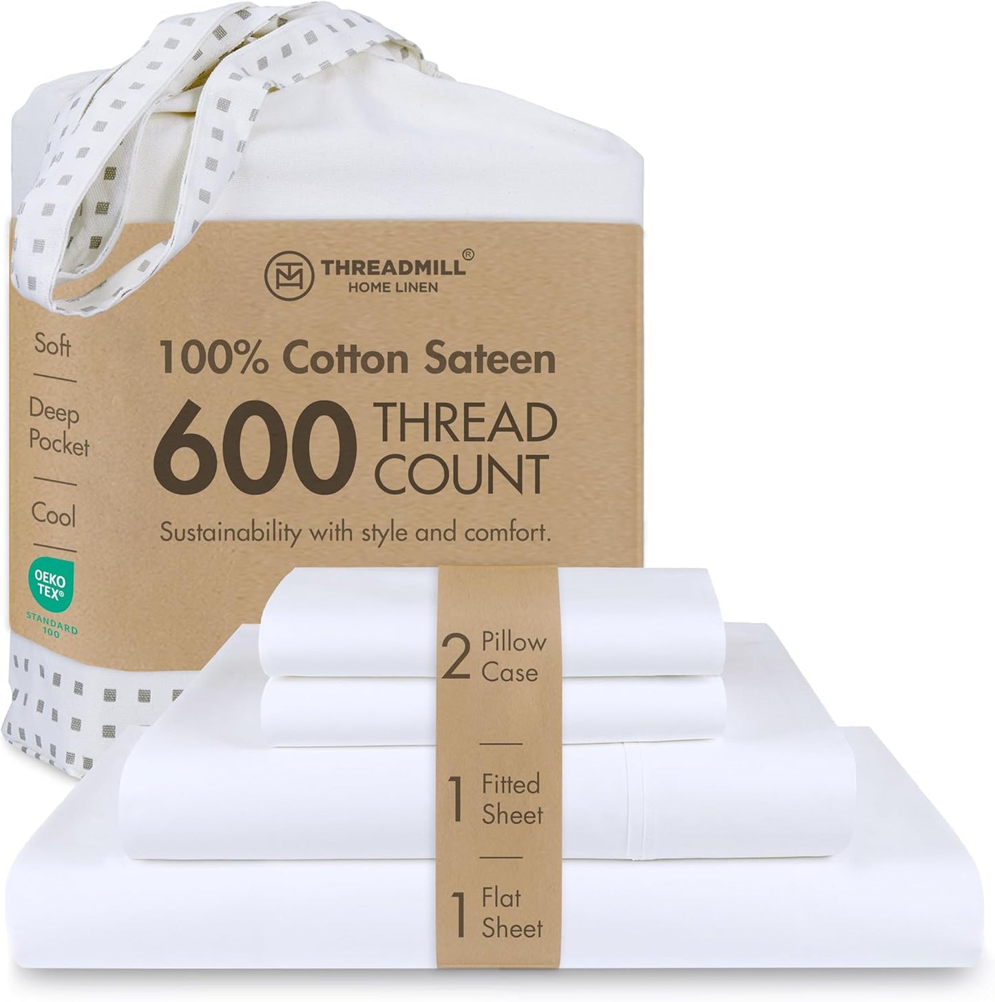 Threadmill 100% Cotton Sheets for King Size Bed - 600 Thread Count King Bed Sheets Set with 16” Deep Pocket - Sateen Weave 4-Piece Bedding Set with Cooling Effect, White