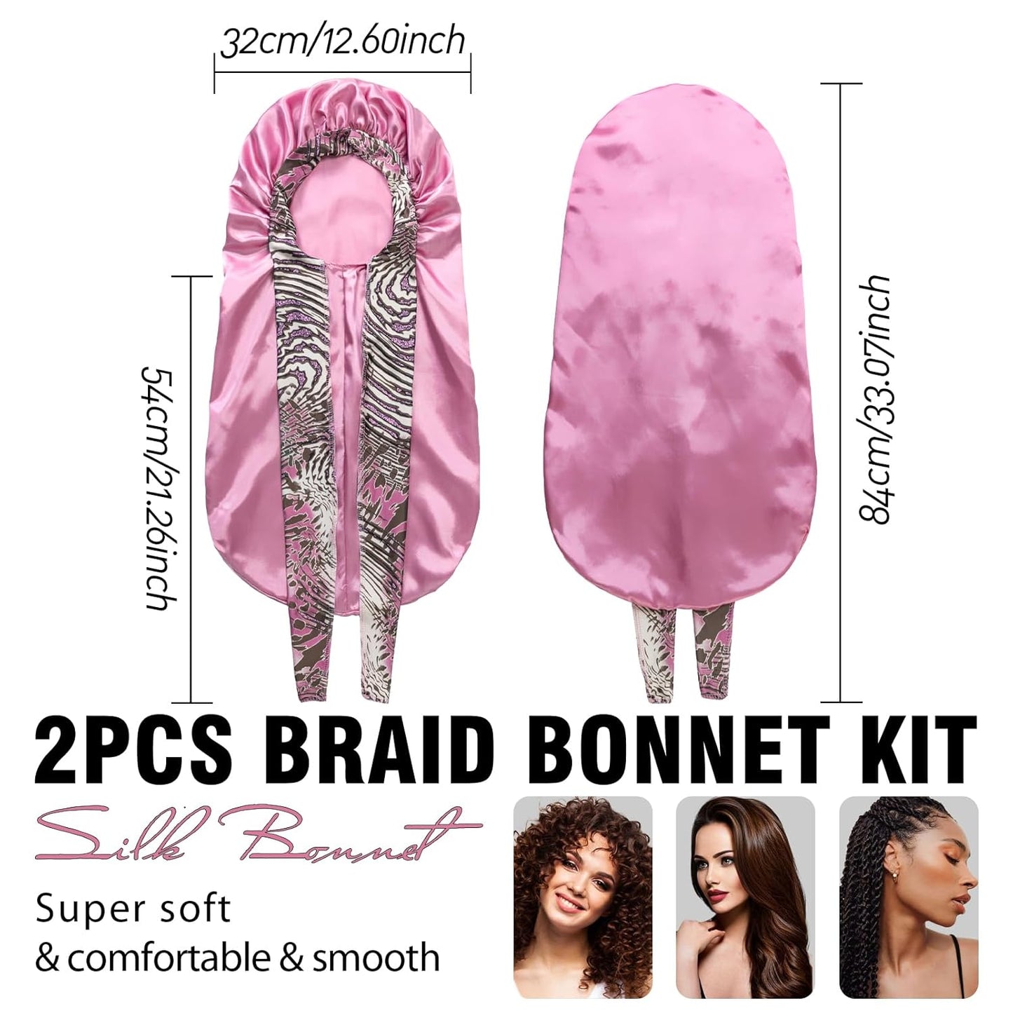 2Pcs Bonnets for Black Women Braid Bonnet, Large Long Satin Silk Bonnet for Braids,Black Women Braid Bonnet with Stretchy Tie Band for Sleeping Extra Long (Black & Pink Pattern)