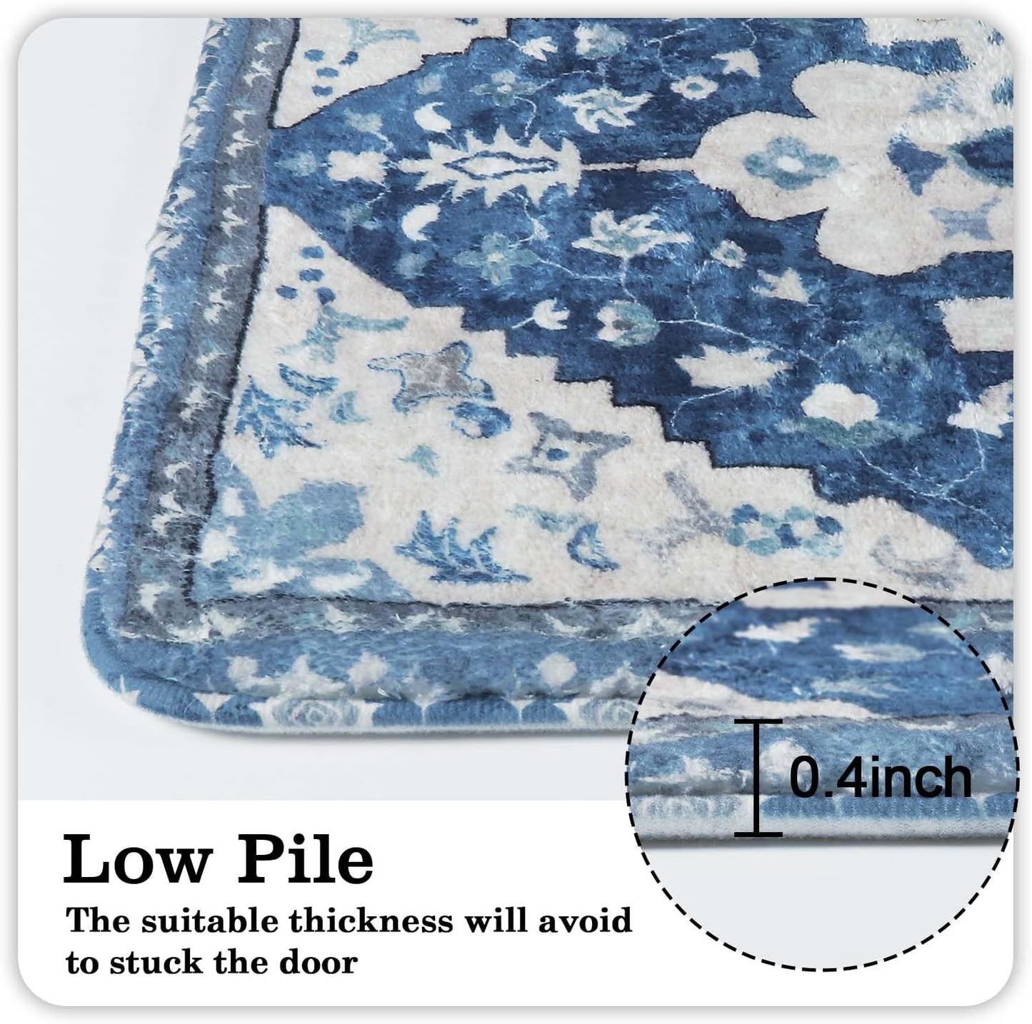 Uphome Boho Retro Bathroom Rug Runner Blue Non-Slip Soft Bath Mat Oriental Tribal Machine Washable Bath Rug Traditional Farmhouse Floral Long Rug for Shower Sink Entrance, 18x47 inch