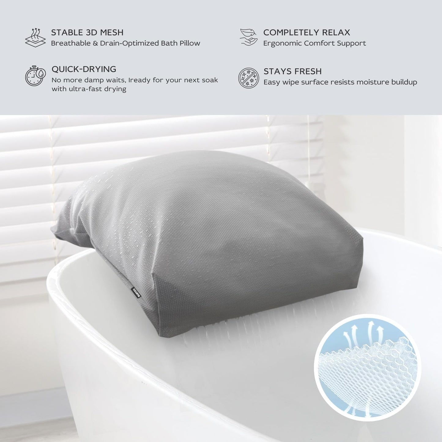 Bath Pillows for Tub Neck and Back Support,Bathtub Cushion backrest headrest Neck Pillow,tub Pillow for Bathtub,3D Mesh Core,Breathable,Quick-Drying,Ergonomic Relaxation,Gray