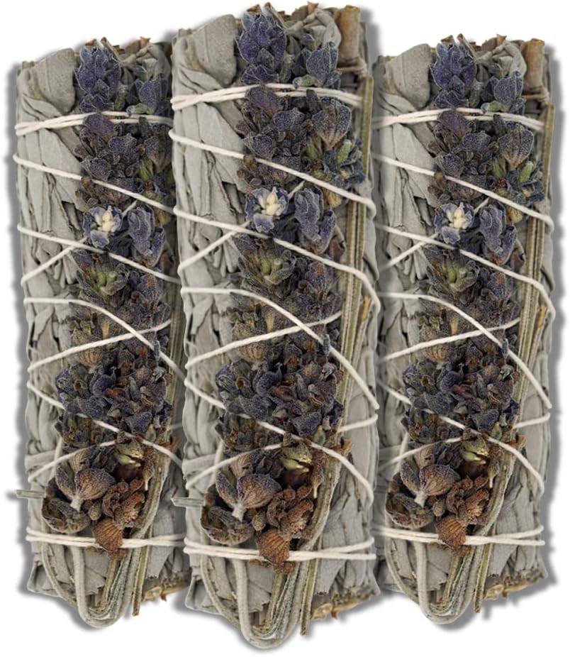 ESPOIR & AMOUR Lavender Sage - 3 Spiritual White Sage & Lavender Smudge Stick for Cleansing Negativity - 4 Inch Hand-Tied Stick