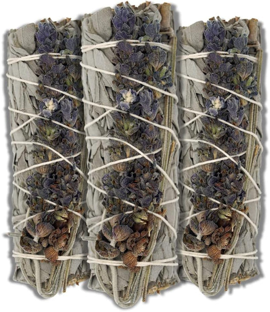 ESPOIR & AMOUR Lavender Sage - 3 Spiritual White Sage & Lavender Smudge Stick for Cleansing Negativity - 4 Inch Hand-Tied Stick