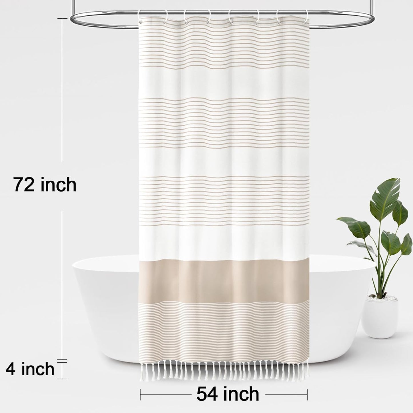 Awellife Boho Beige Shower Curtain for Bathroom Stripe Tassel Shower Curtain 54 X 72 Inches Farmhouse Cotton