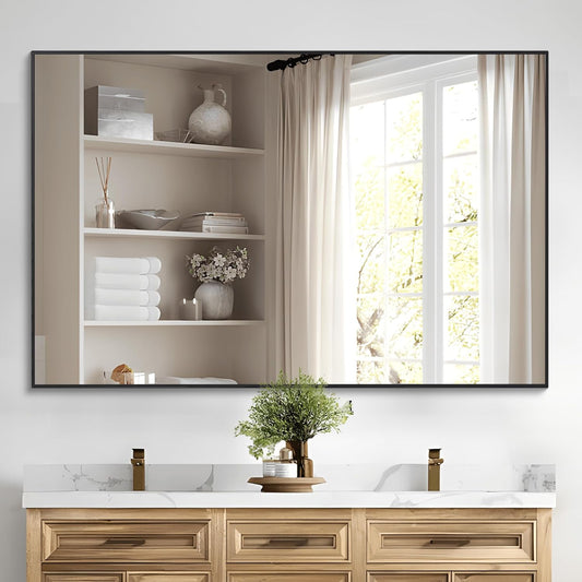 Black Bathroom Mirror for Wall, 30x48 Inch Rectangle Mirrors with Metal Frame, Modern Vanity Wall Mirror Decor for Bathroom Living Room, Entryway Hangs Horizontal or Vertical