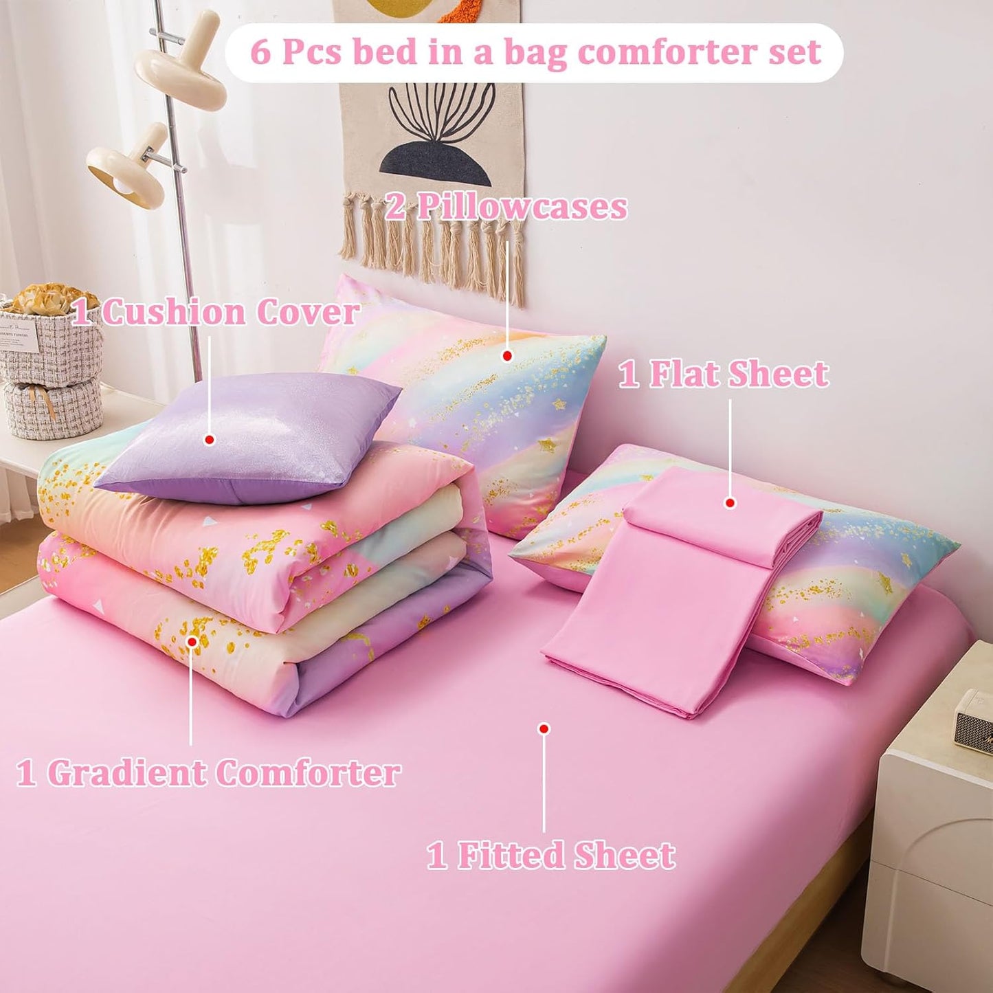 Rainbow Bedding Set Full Size – 6-Piece Reversible Girls Comforter with Deep-Pocket Sheet, Gradient Galaxy Design, Whole-Piece Filling, Machine Washable Bed-in-a-Bag for Kids Room Makeover & Gifts