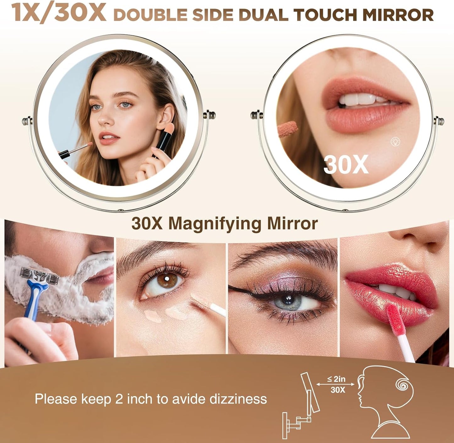 30X Wall Mounted Makeup Mirror with Lights,3 Color Modes Dimmable & Adjustable Double Side, Bathroom Vanity Makeup Mirror with 360 Rotation Extendable Swivel Arm,Magnifying Mirror - Brushed Nickel