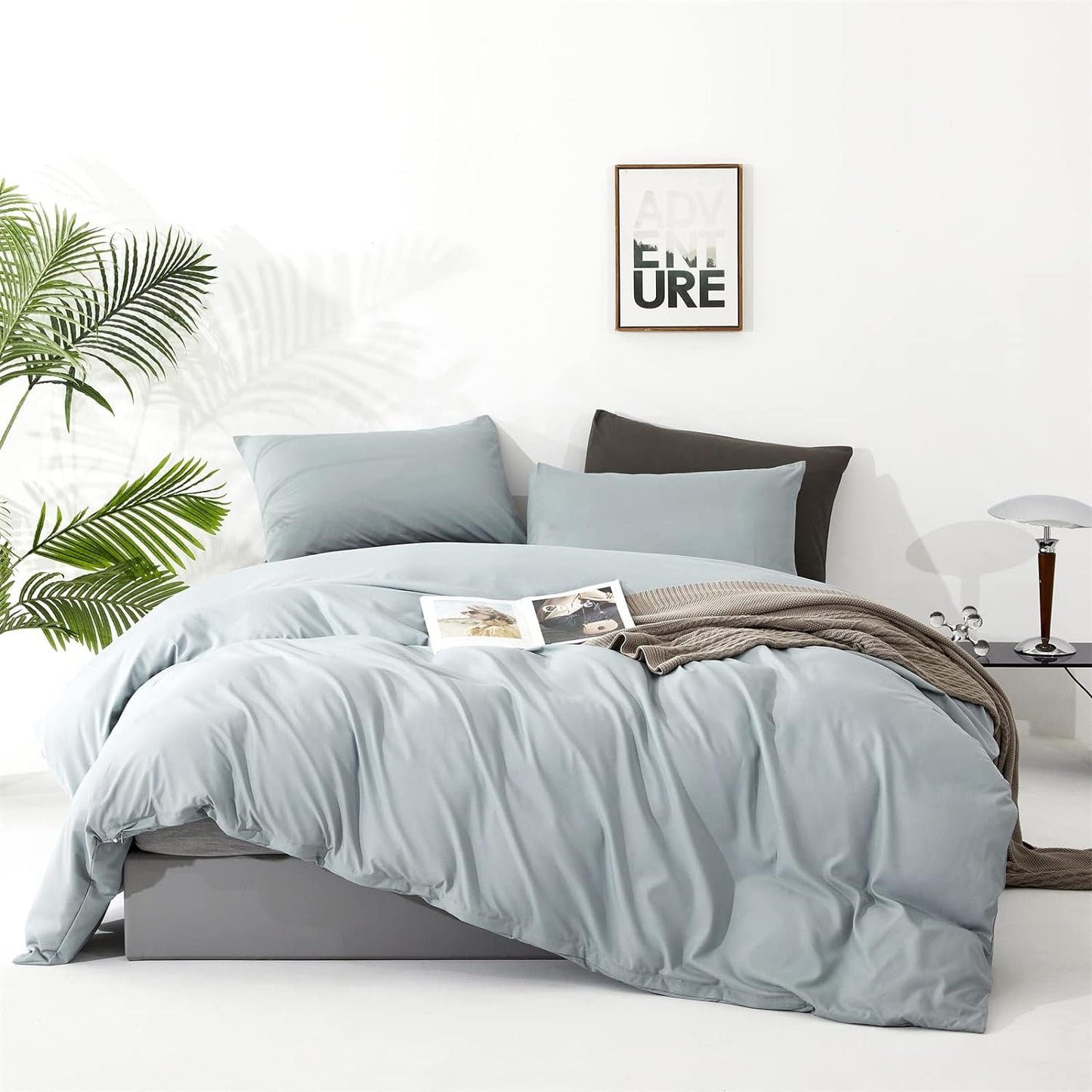 KAREVER Dusty Blue Comforter Set Queen Size 3 Pieces Solid Blue Queen Comforter Bedding Set Women Light Blue Queen Bed Comforter Set All Season Gift