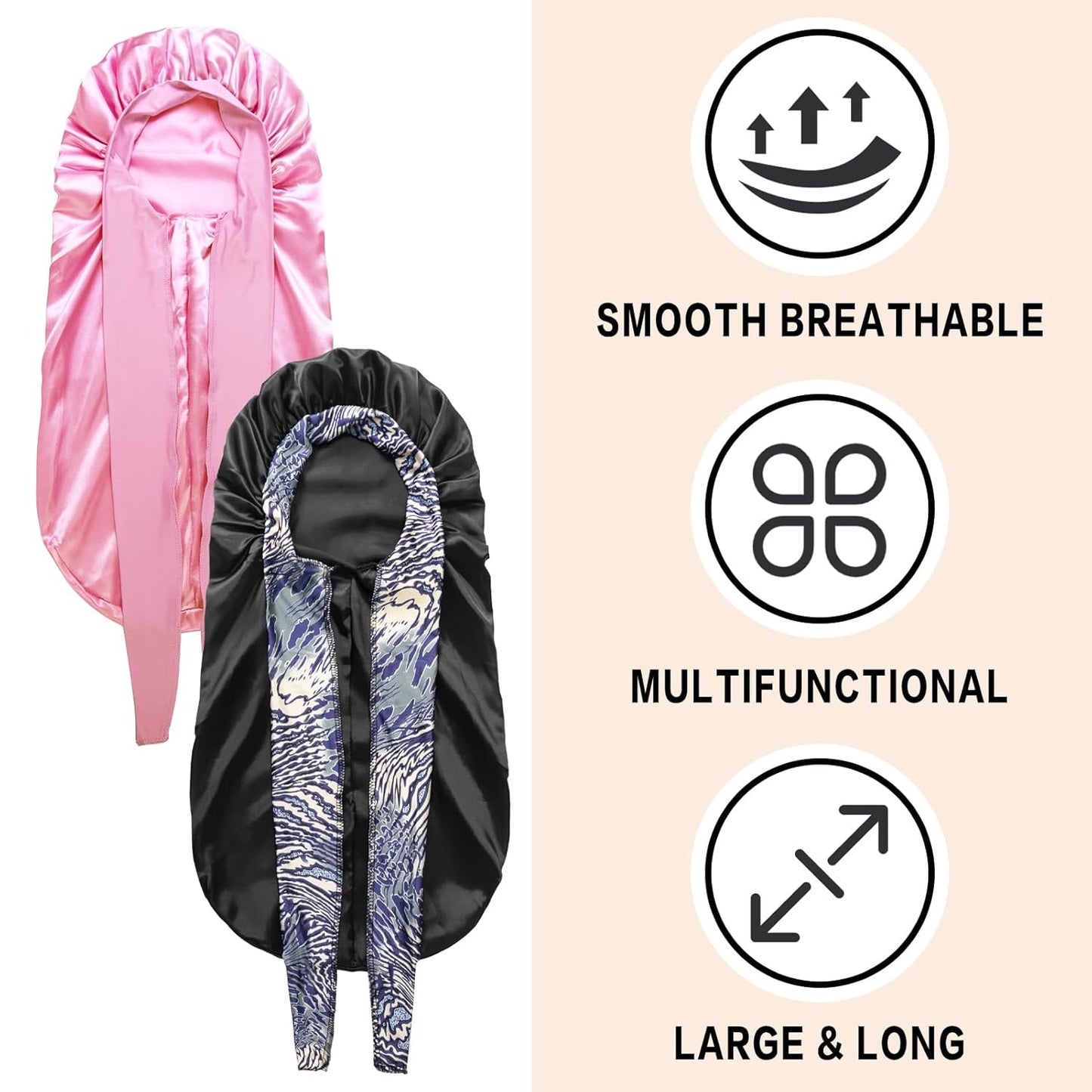 2Pcs Bonnets for Women Sleeping Braid Bonnet, Large Long Satin Silk Bonnet for Braids, Black Women Braid Bonnets with Stretchy Tie Band for Sleeping Extra Long (Pink &Black Pattern)