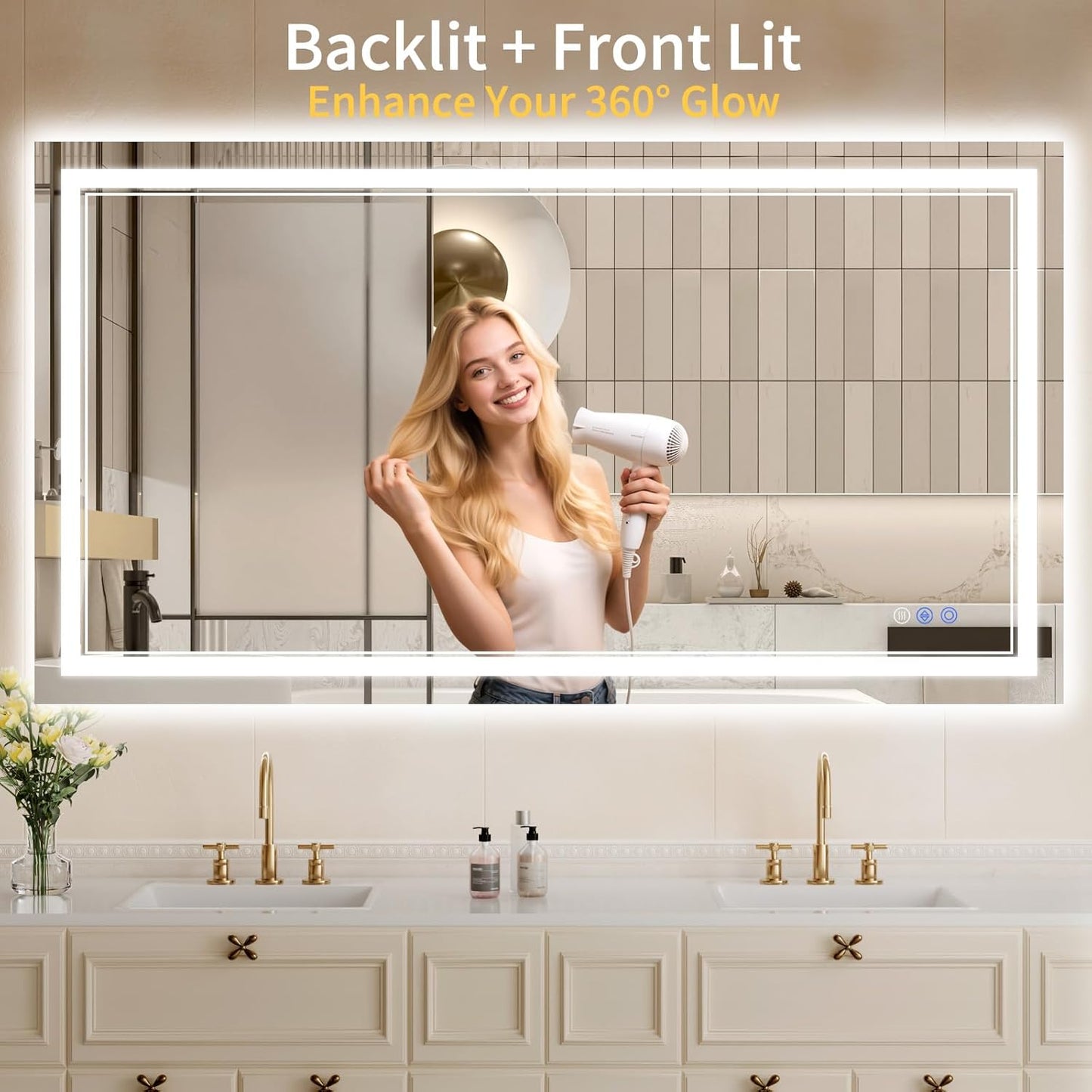 30"x50" LED Bathroom Mirror with Lights, Anti-Fog, Backlit + Front Lit, Dimmable, Led Vanity Mirror for Wall, Lighted Bathroom Mirror, 3 Colors, Shatter-Proof Tempered Glass