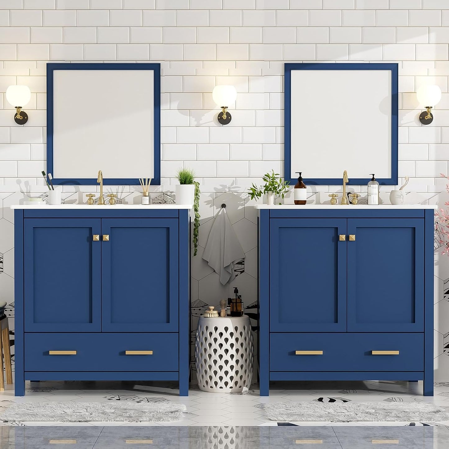 60" Bathroom Vanity Set with Double Vanities, Double Ceramic Sinks, Storage Shelf, Soft Closing Doors, Divided Drawers (Mirror not Included), Large Bathroom Vanity Sink Set (Blue)