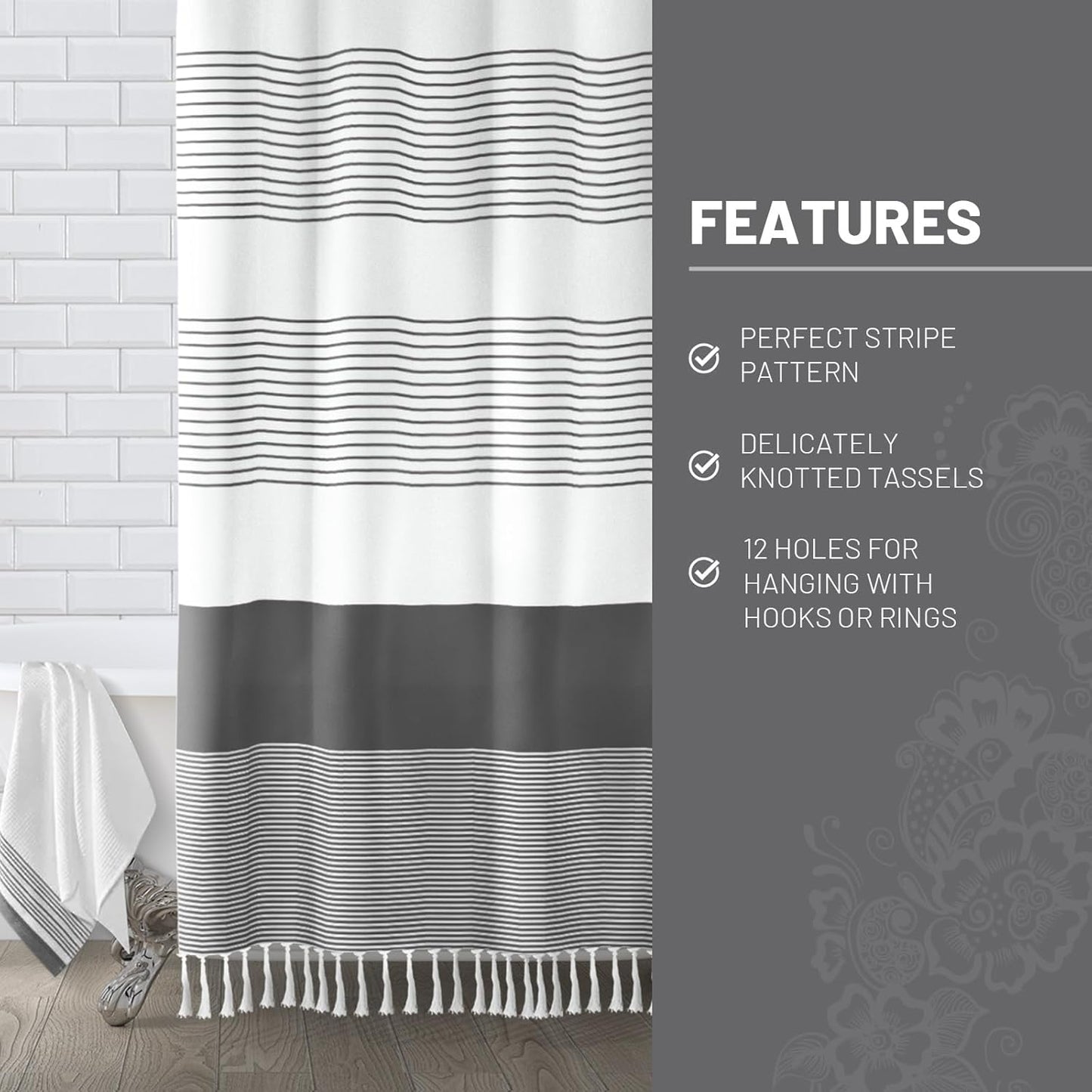 Awellife Gray Shower Curtain for Bathroom Stripe Tassel Shower Curtain 36 X 72 Farmhouse Cotton Boho Dark Grey
