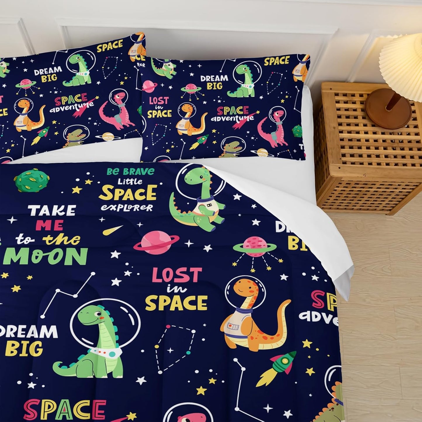 Dinosaurs in Space Twin Comforter Set，Twin Size Bedding Set for Boys Dinosaurs，with 1 Comforter with 2 Pillow Case