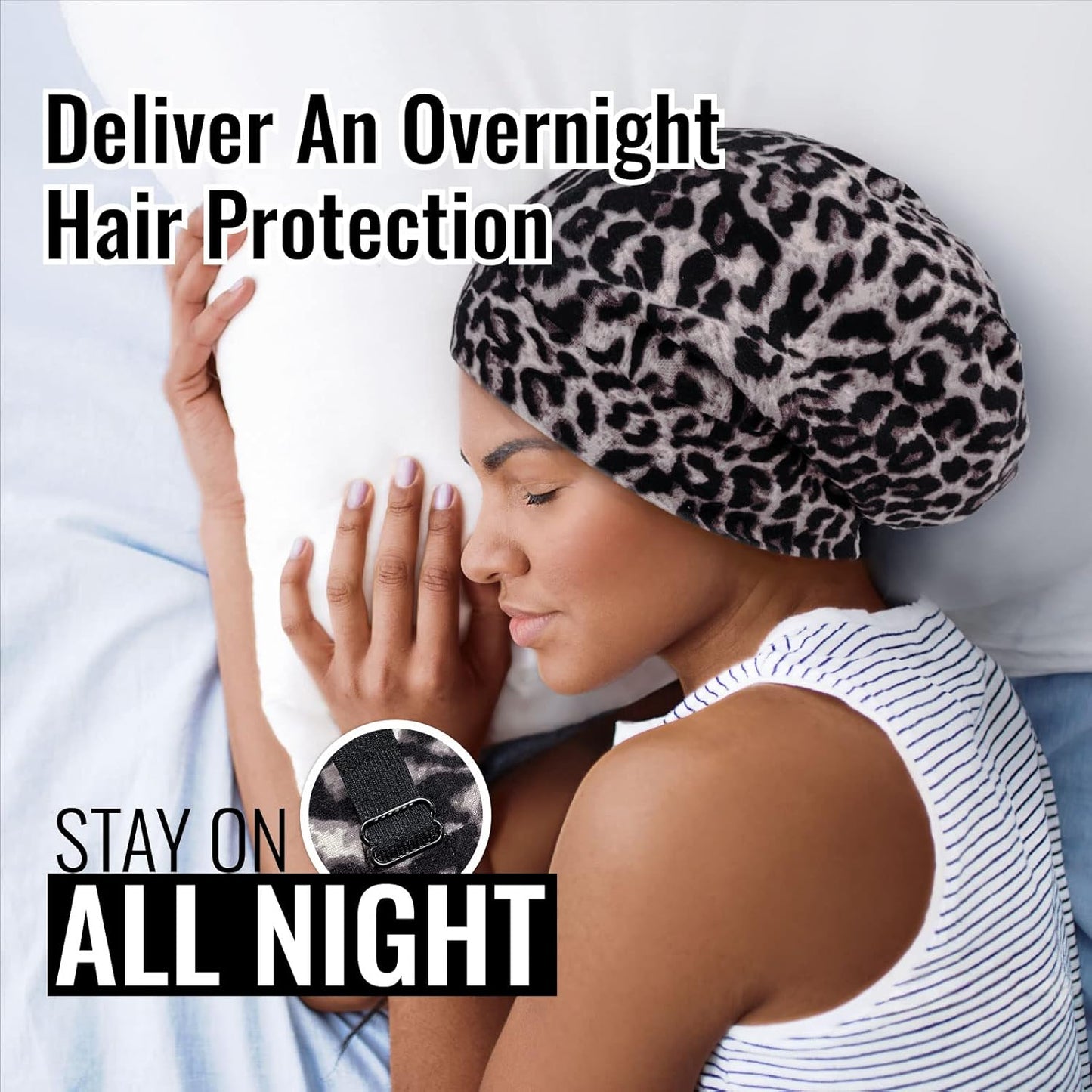 Satin Lined Sleep Cap Bonnet for Curly Hair and Braids, Stay On All Night Hair Wrap with Adjustable Strap for Women and Men, Grey Leopard, Pack of 1