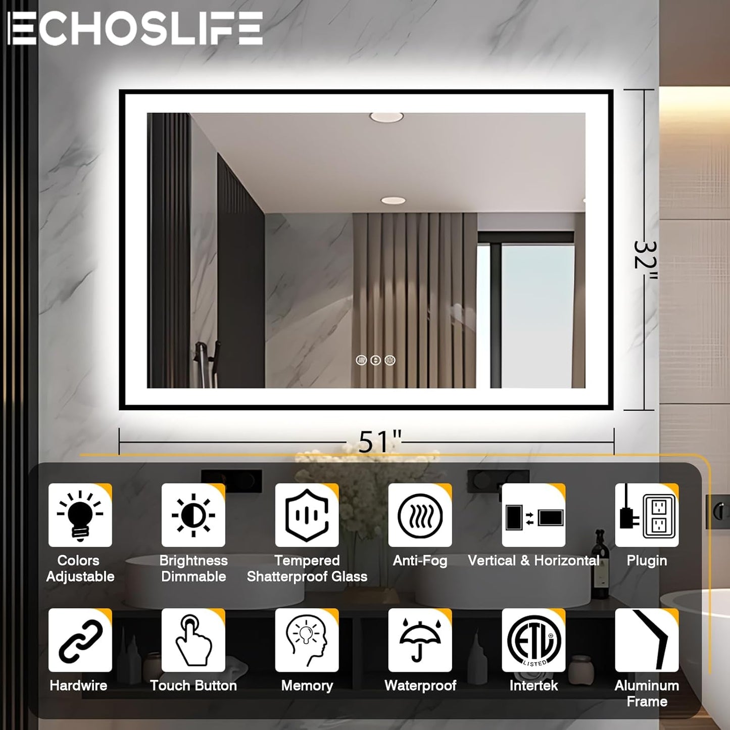 51x32 LED Lit Bathroom Mirror - Black Framed, Front and Backlit LED Lighted, Anti-Fog Bathroom Mirror with Lights, 3 Colors Stepless Dimmable Mirror, Touch Sense (Horizontal/Vertical)