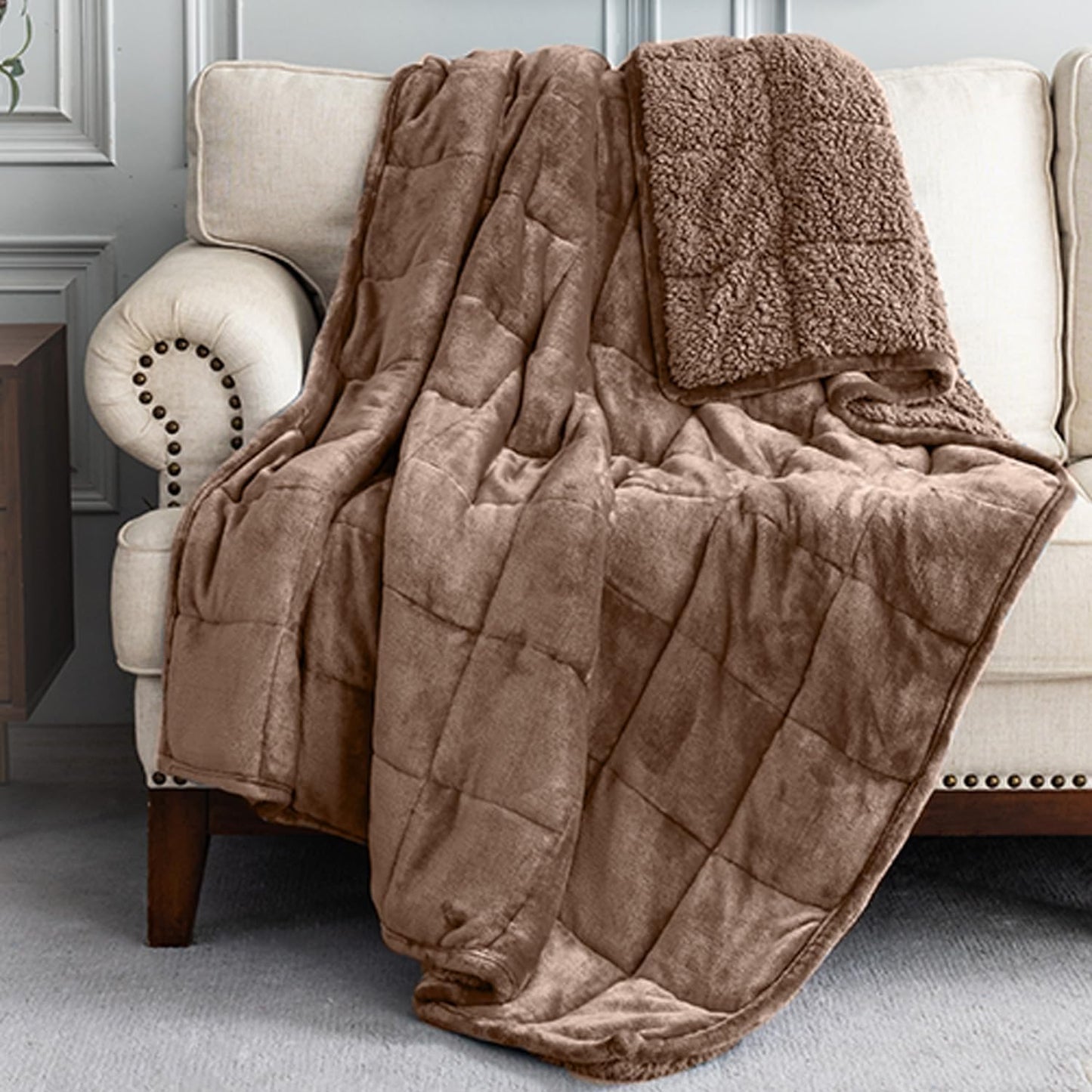 Uttermara Sherpa Fleece Weighted Blanket 12 lbs for Adults, Unicolor Ultra-Soft Fleece and Sherpa, Dual Sided Cozy Plush Blanket for Sofa Bed, 48 x 72 inches, Brown