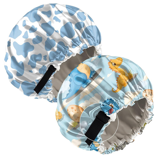 2 PCS Bonnets for Women Girls Satin Hair Bonnet Silk Adjustable Elastic Double Layer Hair Wrap Sleep Cap Comfort Cute-Dinosaur Cow