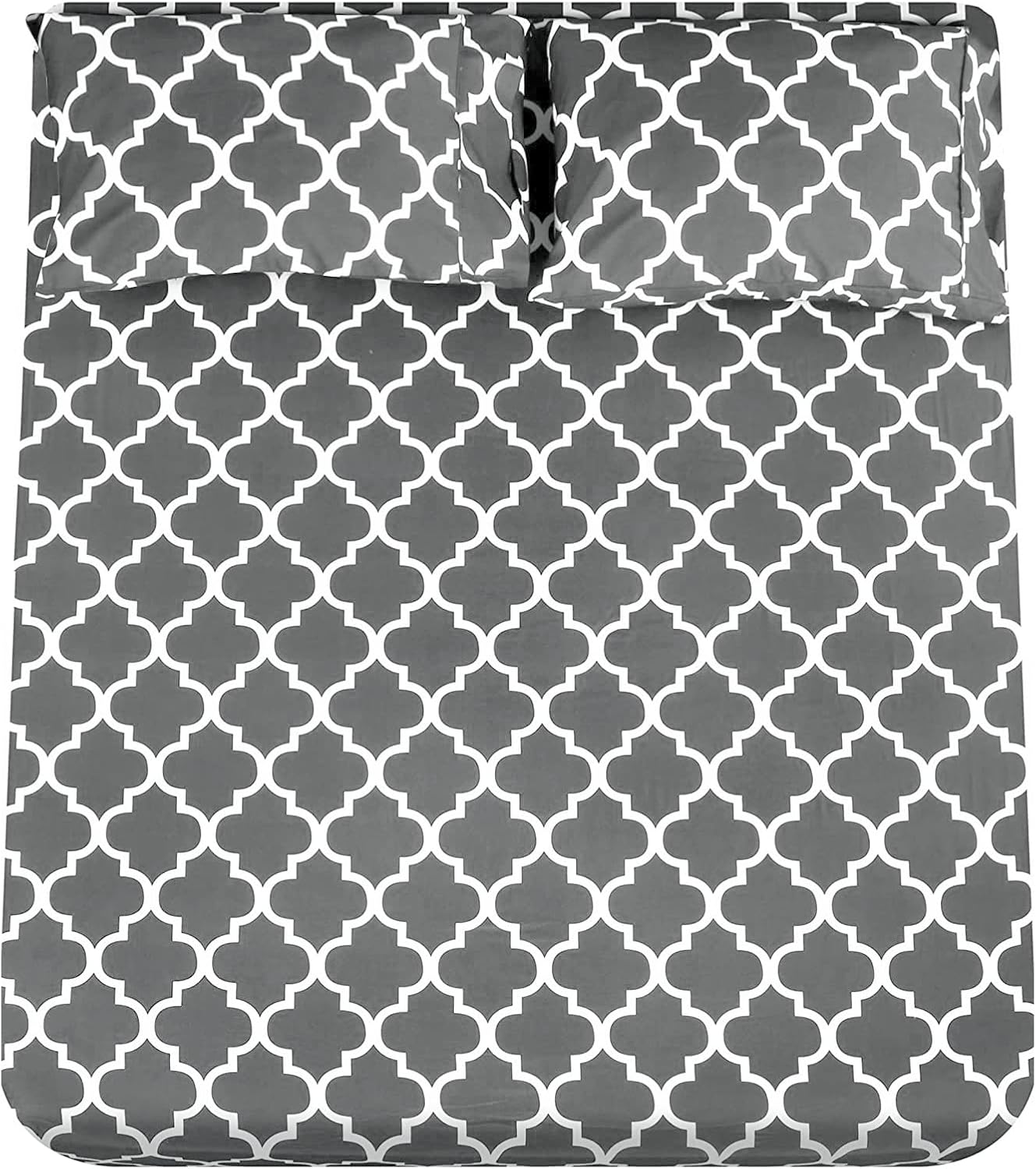 Mejoroom King Bed Sheet Set - Super Soft Brushed Microfiber 1800 Thread Count Sheets with 15 inch Deep Pocket - Wrinkle Free - 4 Piece (King, Grey Quatrefoil with White Pattern)