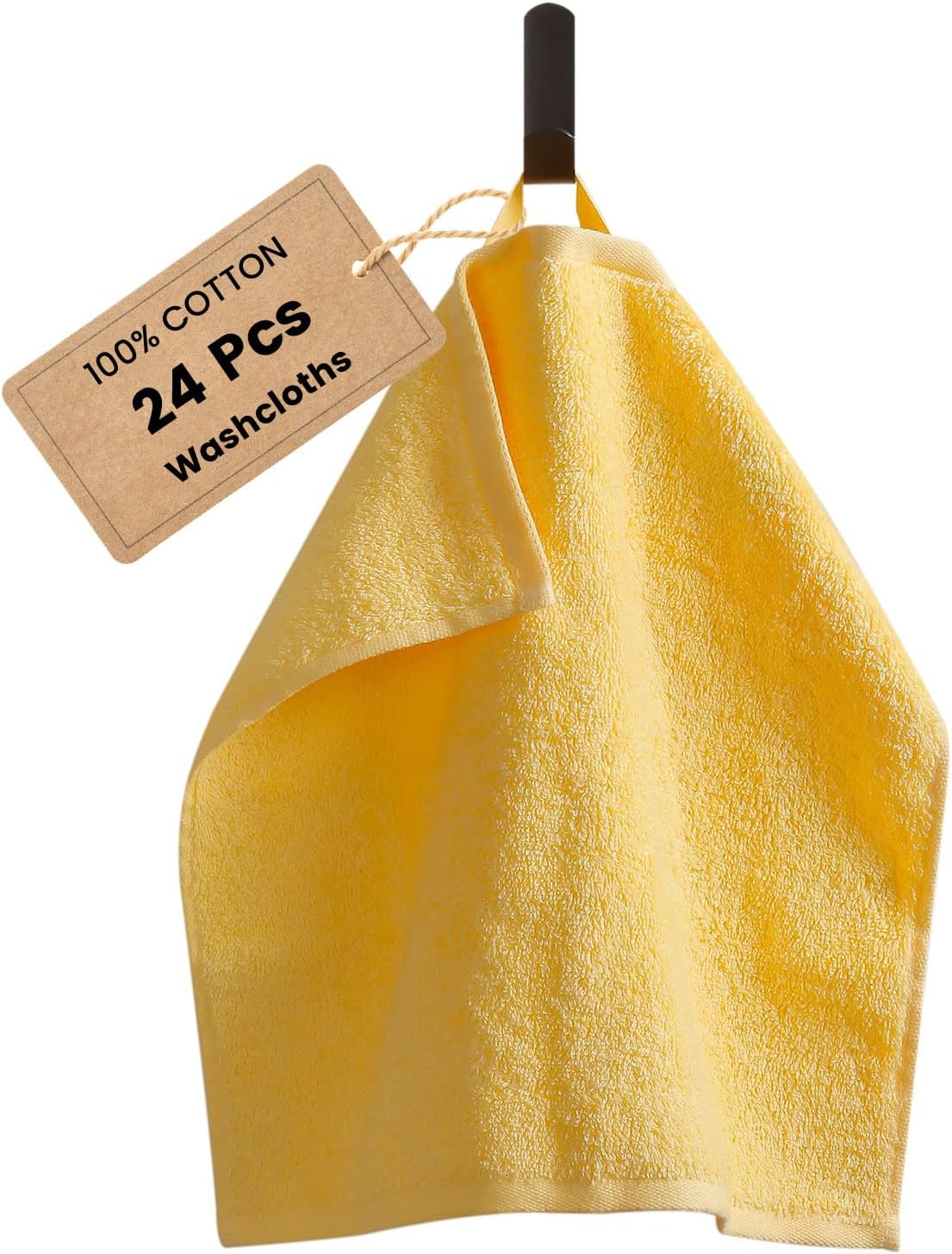 SEMAXE 100% Cotton Washcloths for Bathroom - 24 Pack, Quick-Dry Face Towels with Hanging Loop, Highly Absorbent and Soft, 13x13 Inch, Yellow