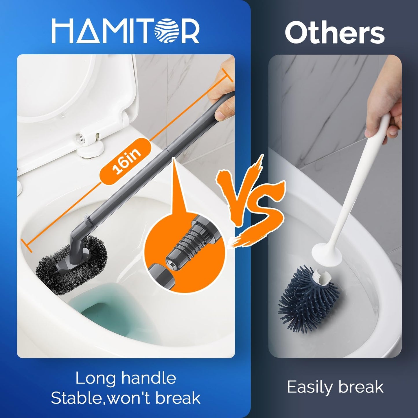 HAMITOR Toilet Plunger Bowl Brush Combo：Heavy Duty Rubber for Drain Clog Remover - Curved Design Bristles for Deep Cleaning Under Rim - Compact Bathroom Cleaning Tools for New Homet Essentials -Gray