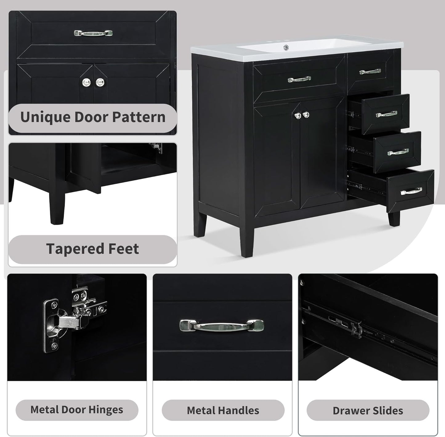 Favfurish 36" Bathroom Vanity with Sink Combo,Bathroom Vanity Cabinet with Two Soft-Closing Doors and Four Drawers,Free Stading Vanities w/Modern Design,for Bathroom,Easy Assembly,Black