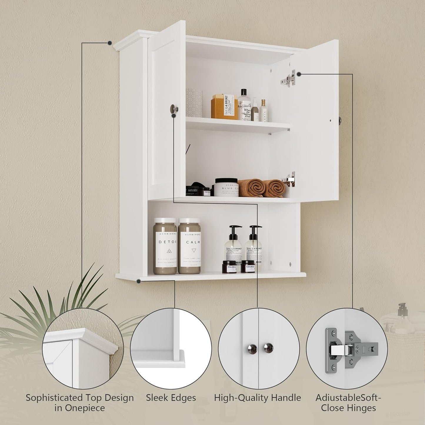 Medicine Cabinet, Over The Toilet Storage Cabinet, 24x30 Inch Wall Mount Bathroom Storage Cabinet with 2 Doors & Adjustable Shelf, Wooden Bathroom Wall Cabinet, White