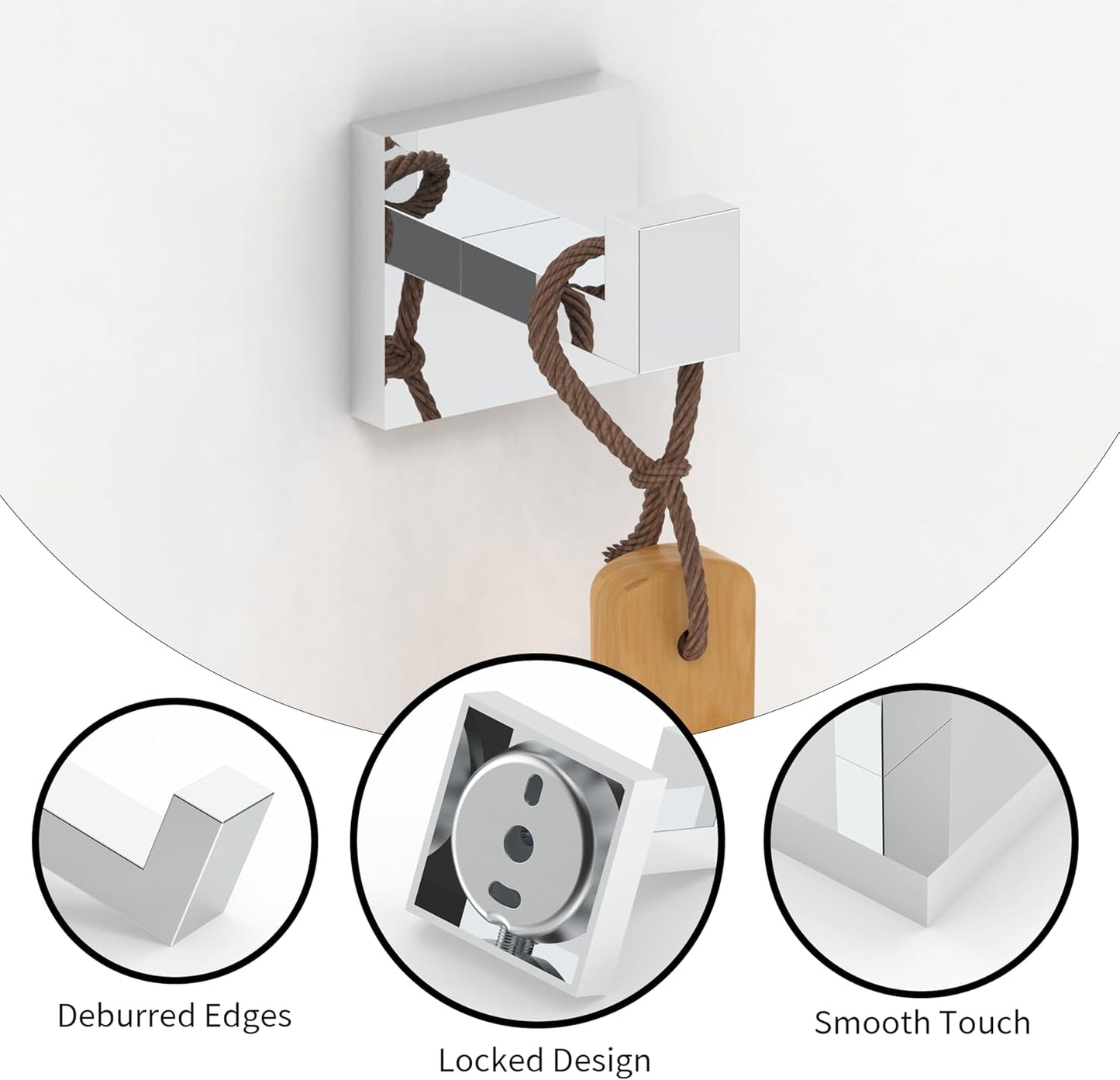 Ruacq Towel Hooks for Bathrooms, 2pcs Square Base Robe Coat Clothes Hook Wall Mount, SUS 304 Stainless Steel Wall Hooks for Hanging, Heavy Duty(Chrome)