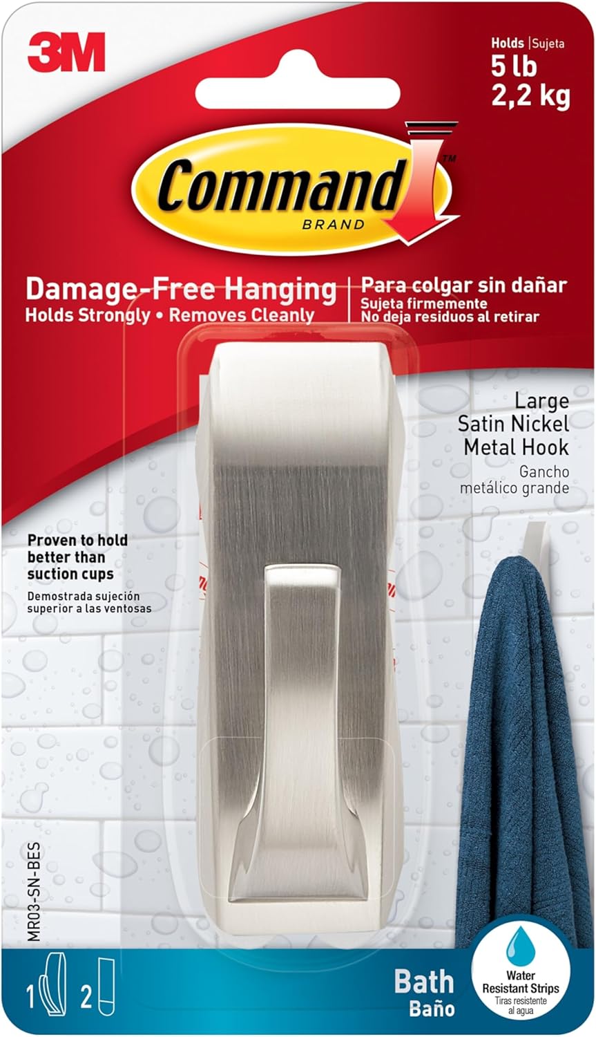 Command Modern Reflections Large Metal Bath Hook, Satin Nickel, 1-Hook with Water-Resistant Strips, Organize Damage-Free