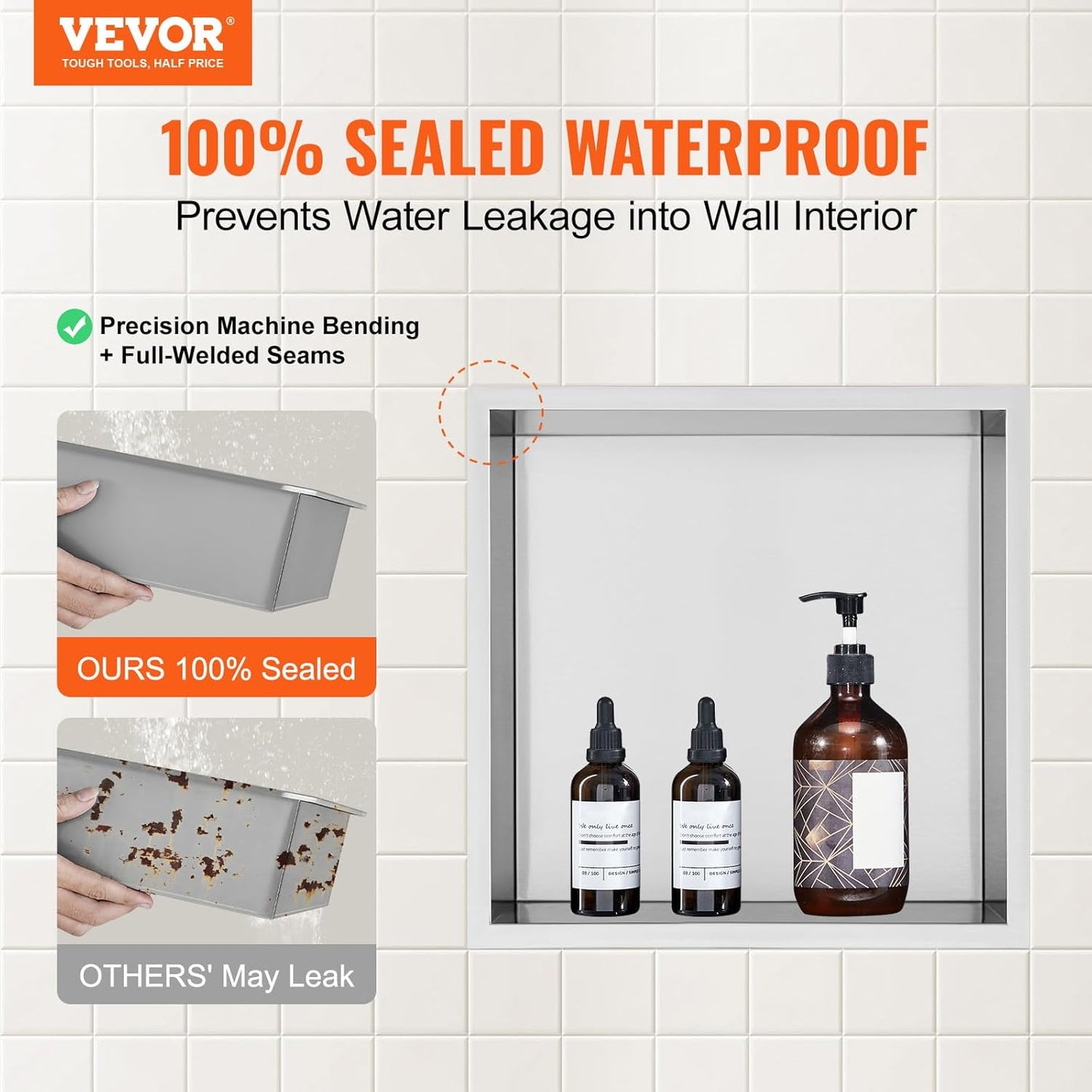 VEVOR Shower Niche No Tile Needed, Stainless Steel Niche for Shower Wall, Sealed Waterproof Rust-Resistant Bathroom Niche for Storage, 13x13'' Single Shelf