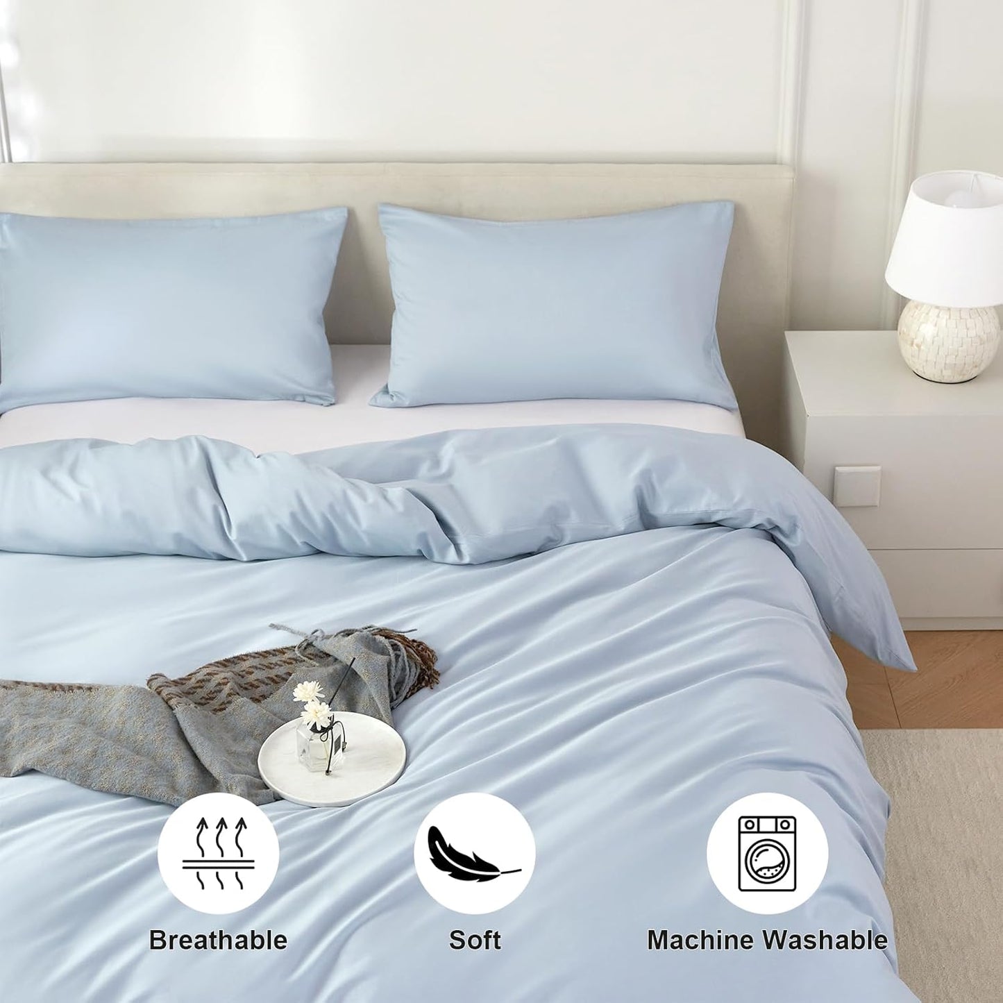 Duvet Cover King,100% Egyptian Cotton Duvet Cover Set,1600 Thread Count Feel Super Soft Comfortable Chic Lightweight 3 PCs Home Bedding Set (Light Blue,104''x90'')