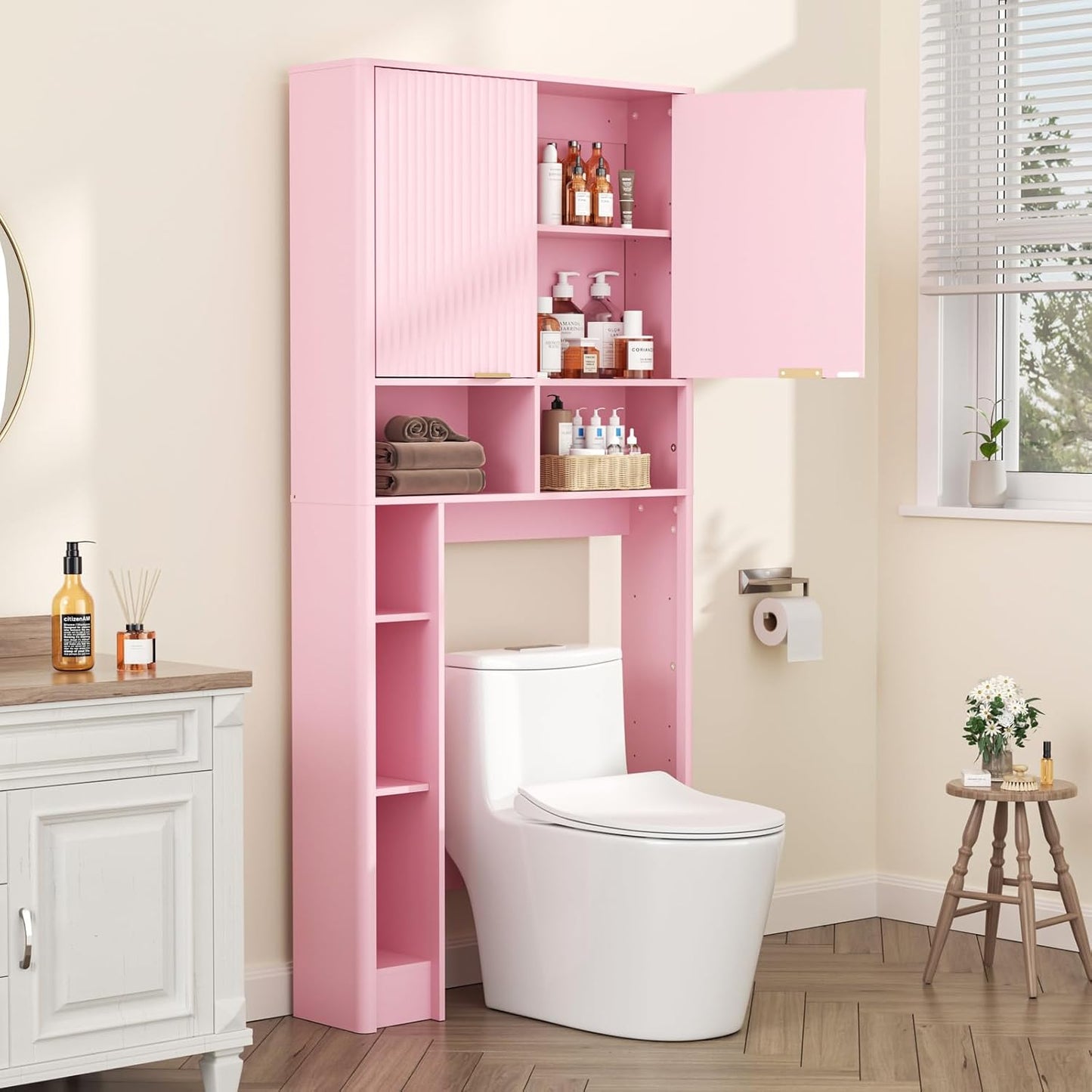 31" W Over The Toilet Storage Cabinet with Fluted Door, Pink Bathroom Organizer with Adjustable Shelf, Toilet Paper Holder Stand Wave Door for Restroom, Laundry Room