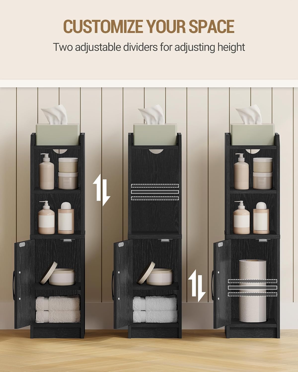 Bathroom Storage Cabinet, Small Farmhouse Corner Floor Cabinet with Door and Shelves, Narrow Toilet Paper Holder Stand, Bathroom Organizer with Adjustable Shelf, for Small Spaces, Black