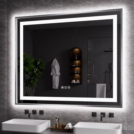 Amorho 48"X40" LED Bathroom Mirror, Brushed Nickel Framed Mirror with Front Light and Backlit, Stepless Dimmable, Anti-Fog, Shatter-Proof, Memory, 3 Colors