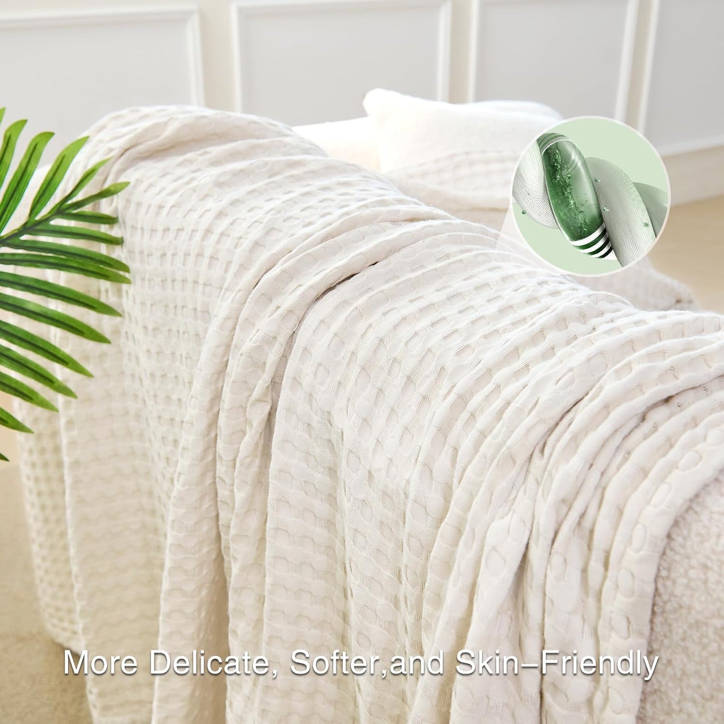 Aganear Waffle Blanket - Lightweight Breathable Summer Blanket of 50% Cotton and 50% Rayon Derived from Bamboo for Hot Sleepers Luxury Throws for Bed, Couch and Sofa,Beige,104x90 Inches