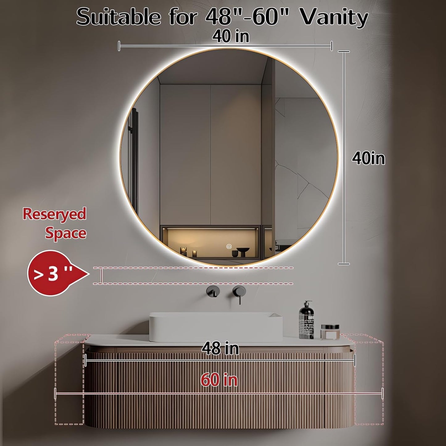 Niccy 40" LED Backlit Round Mirror for Bathroom, Gold Framed Vanity Light Wall Mirrors LED Smart Circle Mirrors with 3 Lighting Colors, Lighted Round Mirror with Anti-Fog, IP65 Waterproof