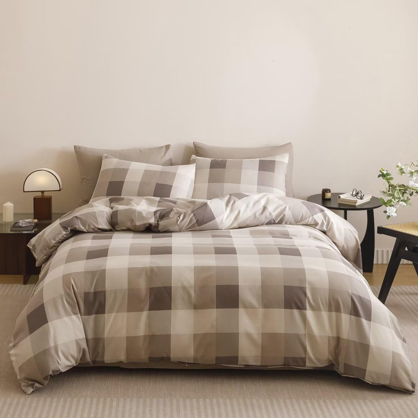 Cottonight Checkered Khaki Comforter Set Cal King Gingham Grid Bedding Set Khaki and Cream Coffee Grid Comforter Fluffy Soft Blanket Quilts Modern Cottagecore Comforter California King Bed