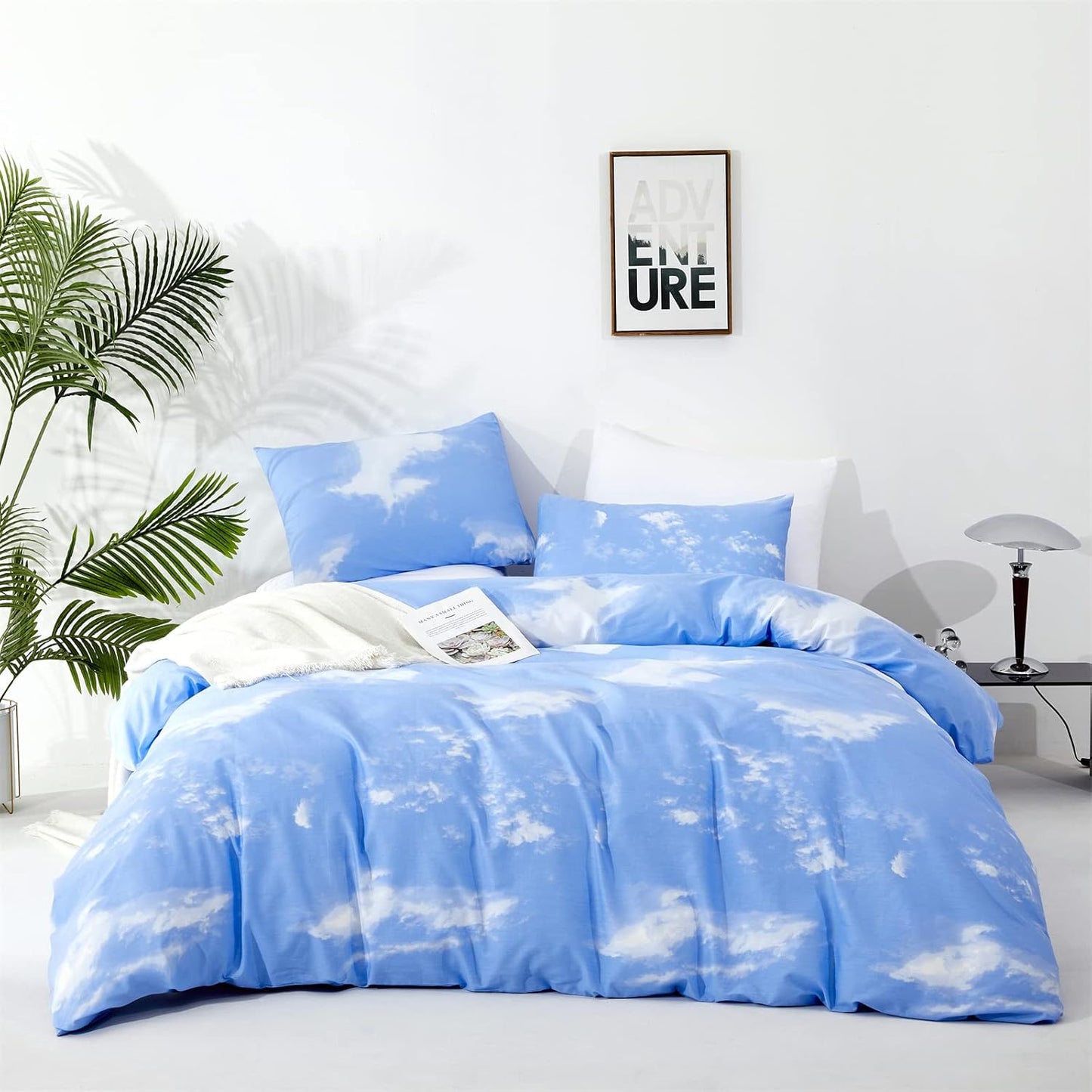 KAREVER Blue Cloud Comforter Set Queen Size Sky Theme Bedding Women 3 Pieces Soft Light Blue Queen Bed Blanket Set for All Season as Gift