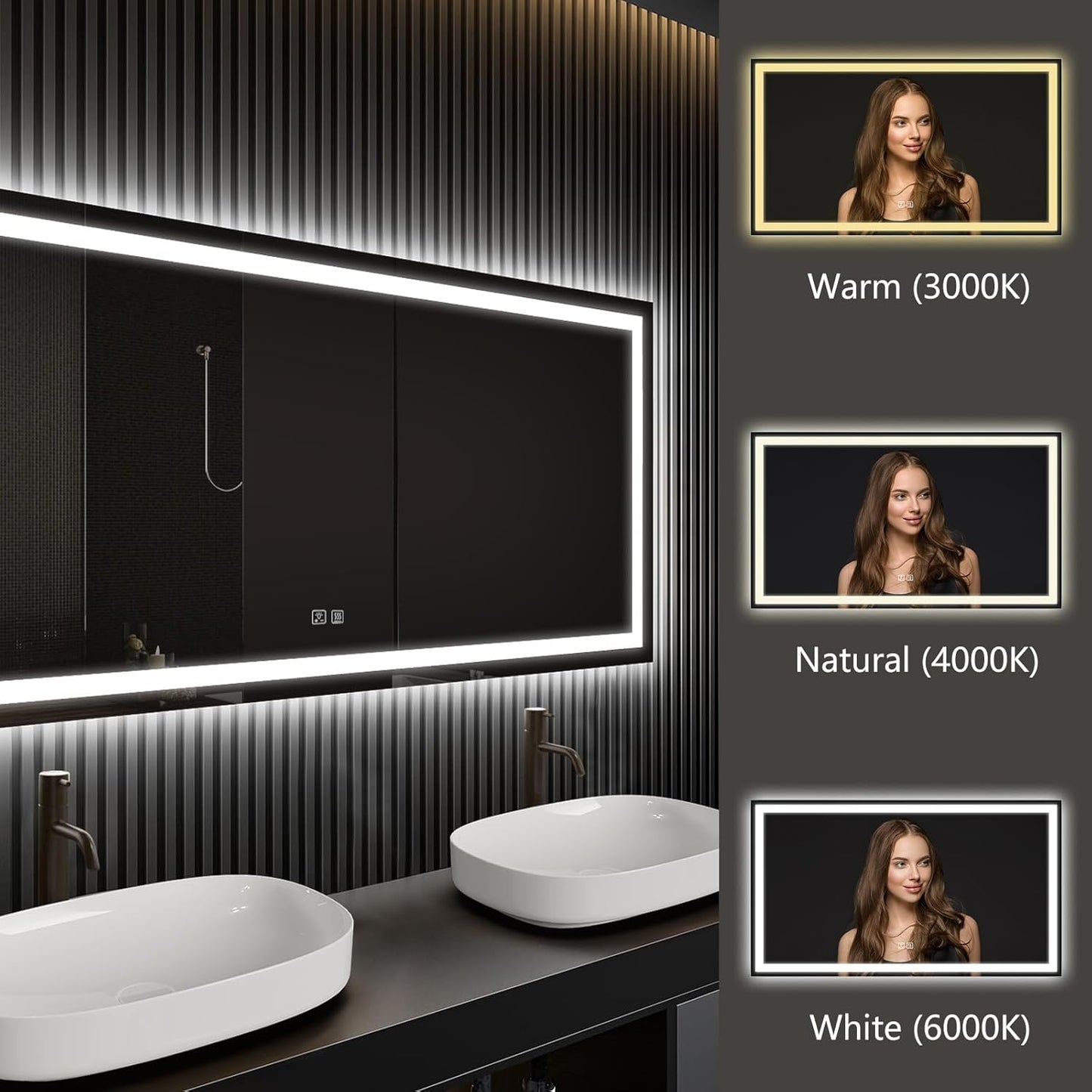 APRILSOUL 60x36 Inch LED Bathroom Mirror with Front and Backlit, Makeup Mirror with 3 Color Lights, Memory Function, Anti-Fog and Dimmable Light (Horizontal)