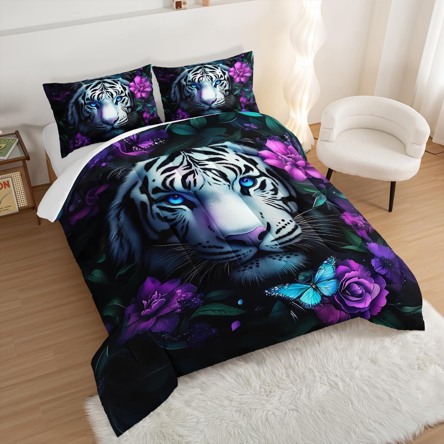 Wild Animal Themed Comforter Set Full Size,White Leopard Floral Print Bedding Sets for Kids Teens Room Decor,Gothic Bedding All Season with 2 Pillowcases.