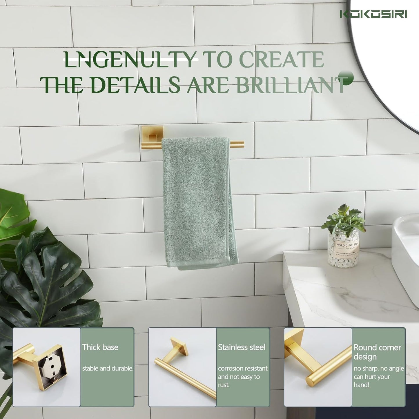 KOKOSIRI Bathroom Towel Bar Gold Hand Towel Holders Wall Mount Toilet Kitchen Cabinet Paper Holder Stainless Steel Bath Accessories, B3008BG