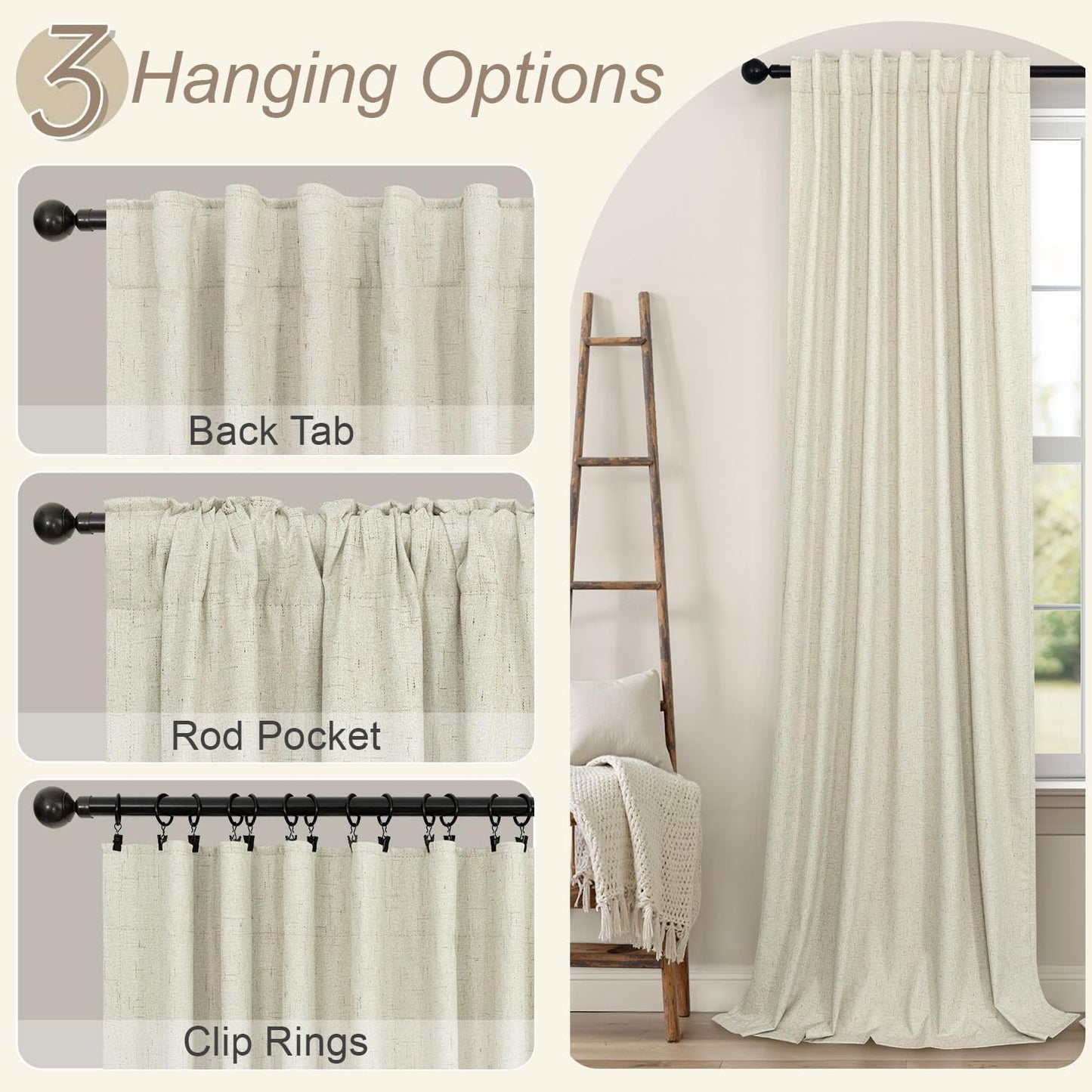 102 Inch Long Curtains for Bedroom Living Room Darkening Blackout Thermal Thick Linen Textured Luxury Curtain Drape for Sliding Glass Patio Door Set of 2 Panel 102 In Length Back Tab Ivory Cream Beige