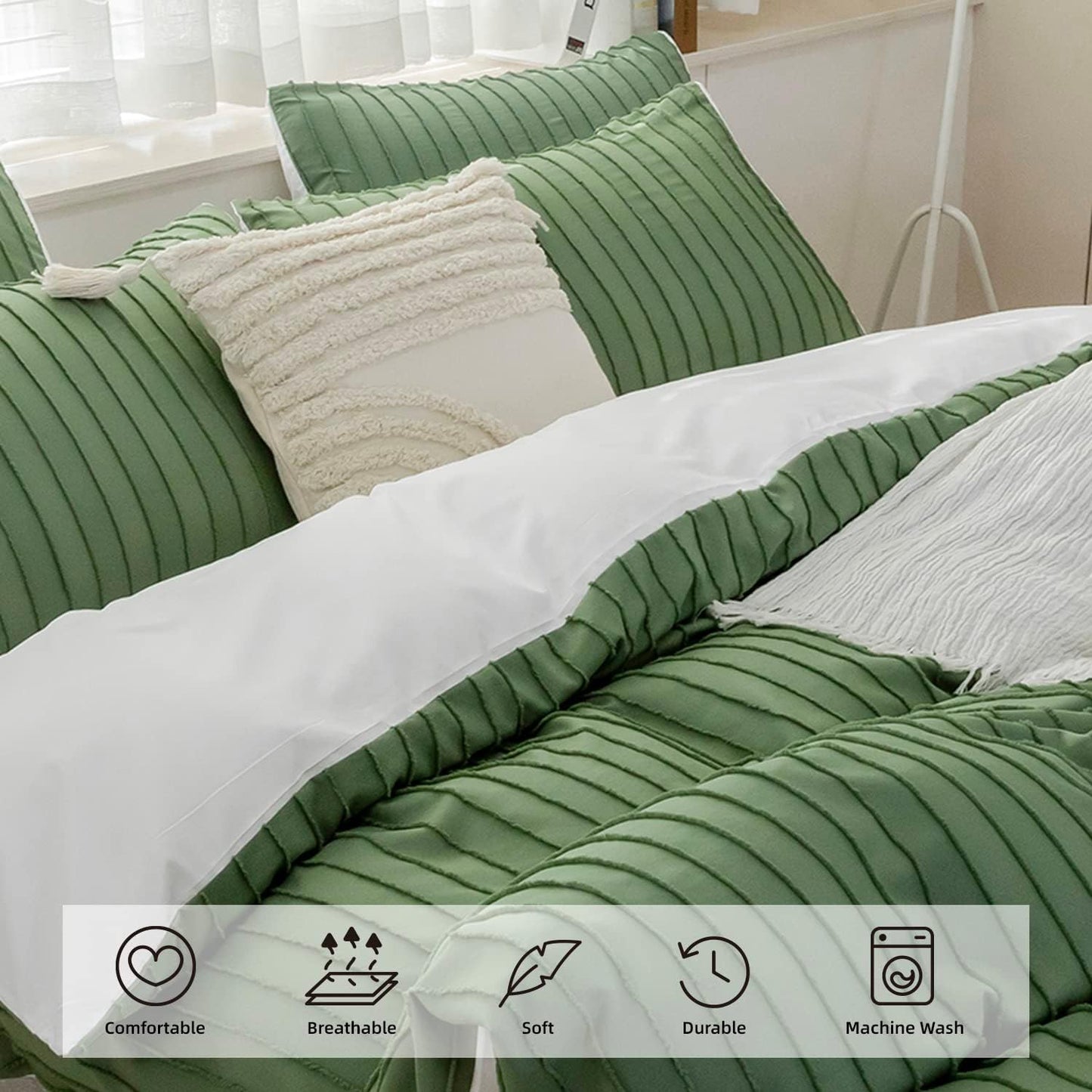 JELLYMONI Duvet Cover Queen Size Green and White - 3PCS Boho Striped Duvet Cover Set Polyester Tufted Bohemian Textured Comforter Cover with Corner Ties & Zipper Closure