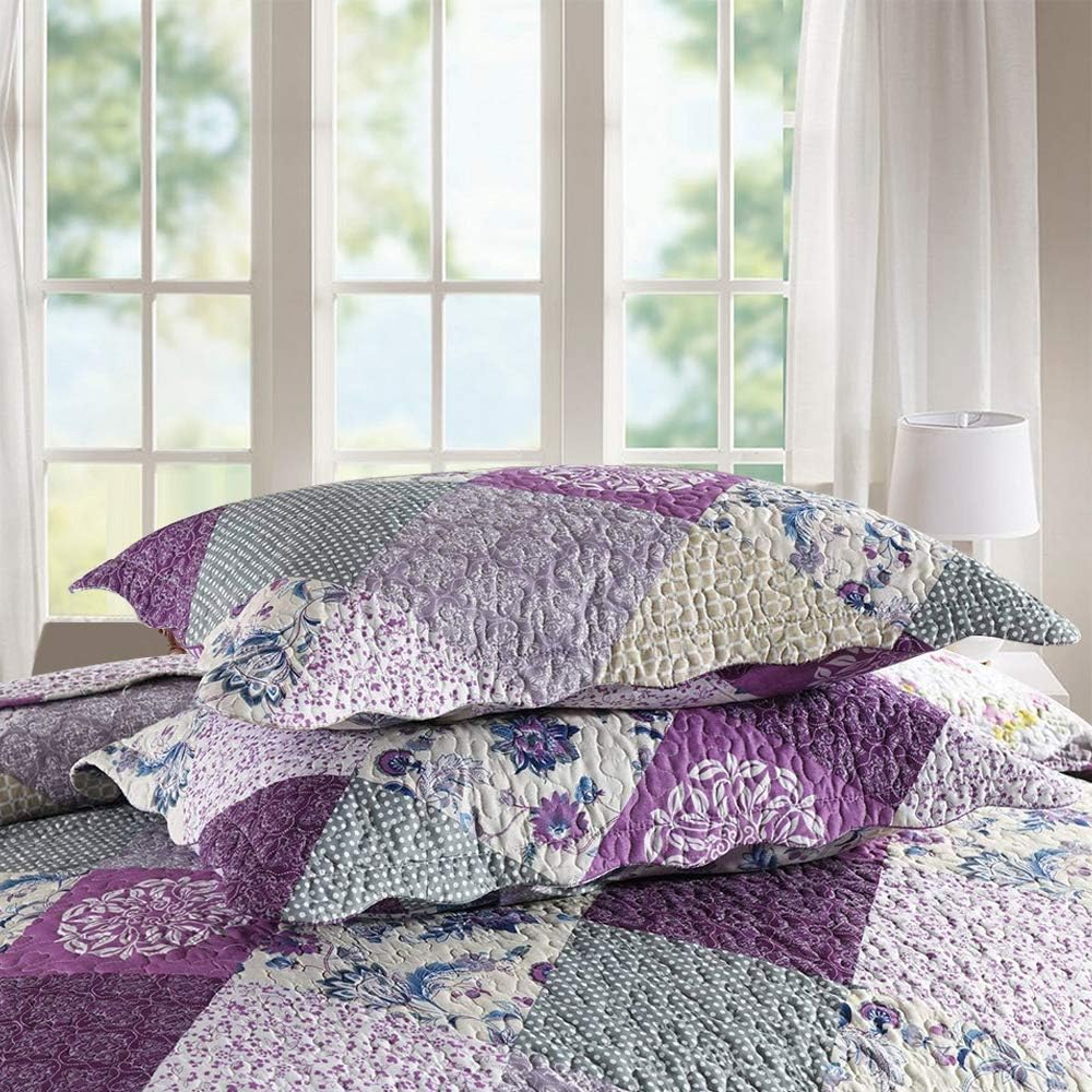 ENJOHOS Purple Patchwork Quilt Queen Size, 3Pc Floral Plaid Queen Bedspread Coverlet Set for All Seasons, Soft Reversible Microfiber Lightweight Bed Cover