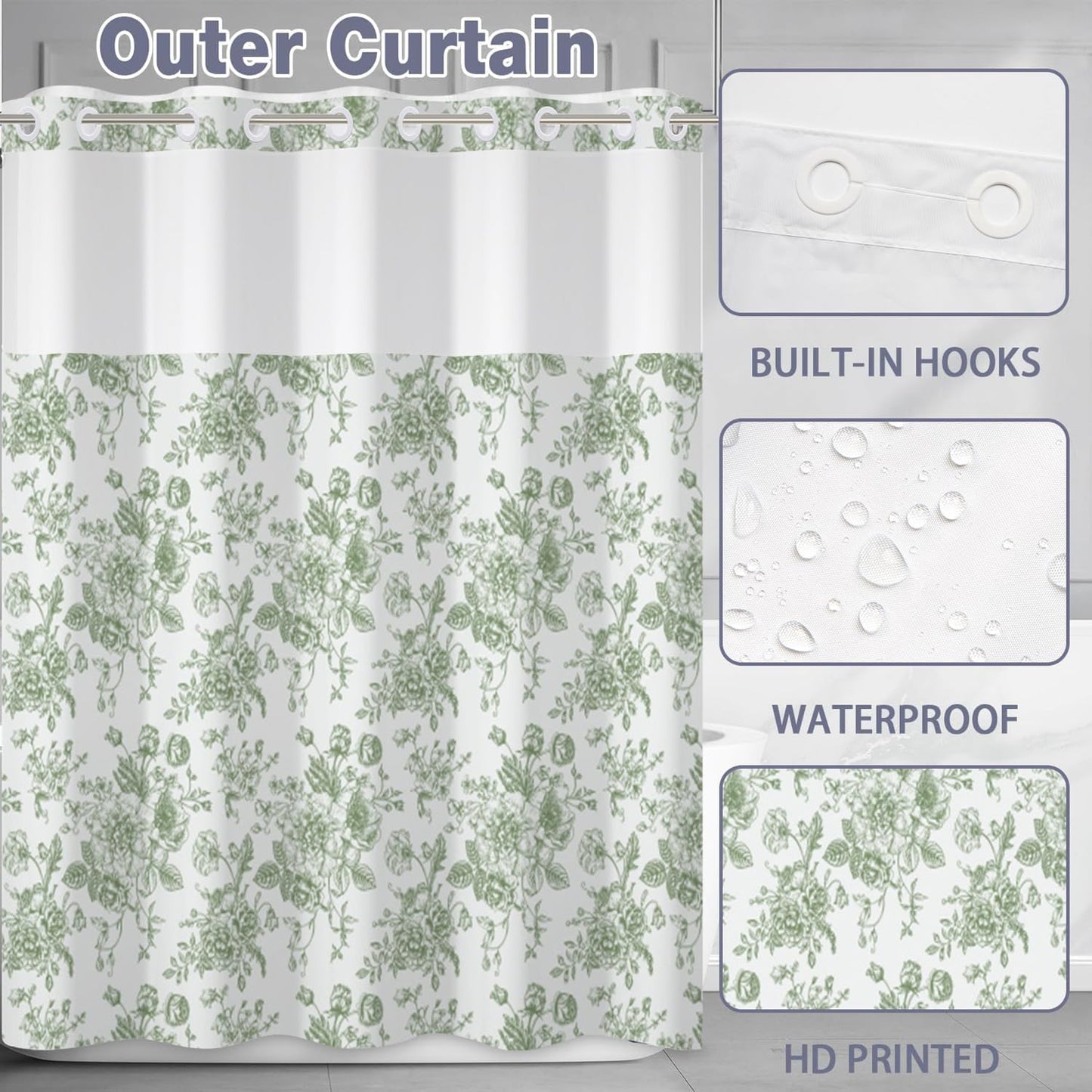 Floral Shower Curtain No Hooks with Snap in Fabric Liner Set,Spring Farmhouse Shower Curtain Hotel Bathroom Decor,with See Through Top Window,Green Flowers Fabric Waterproof,71x74 Inch